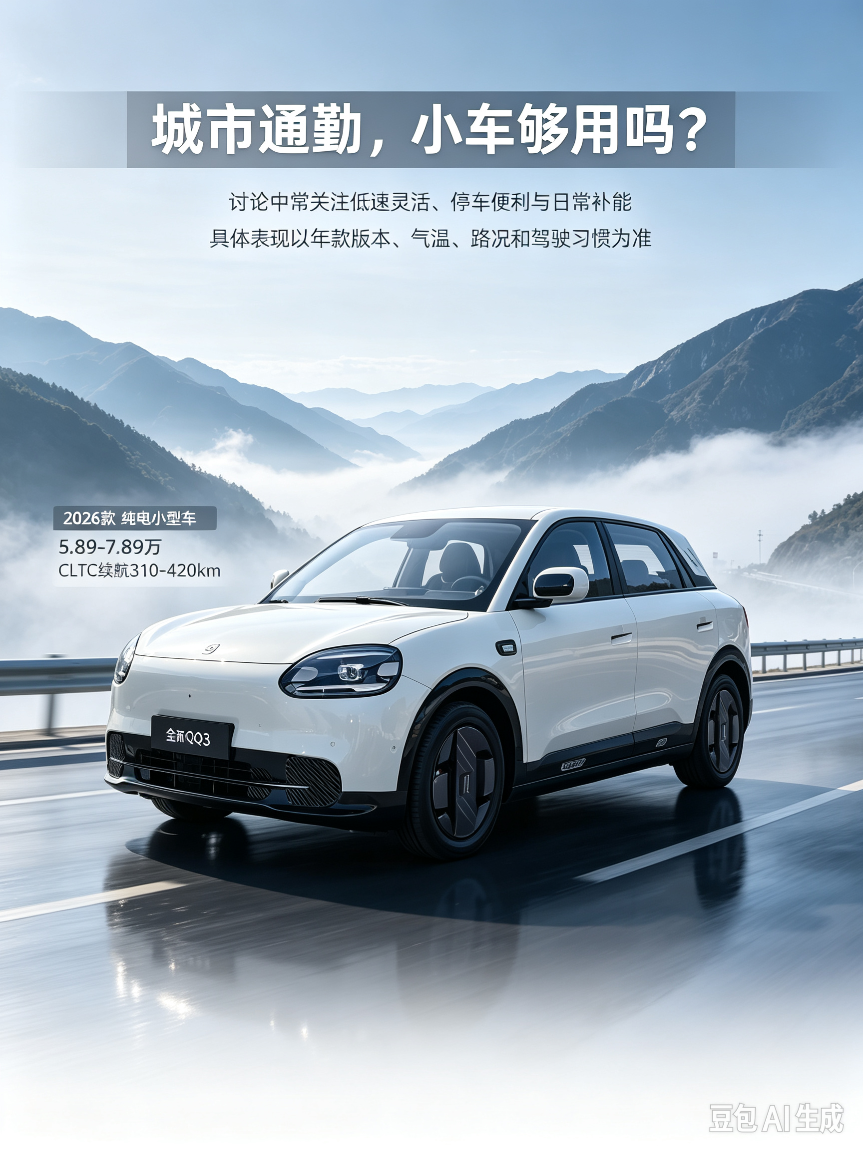 2026款奇瑞QQ3 EV，后置后驱纯电动小型5座车。搭载磷酸铁锂电池，CLTC续航310‑420km，能耗表现不错。车身灵巧，转向轻盈，在城市里穿行、停车都很方便，设计圆润可爱，适合日常通勤和短途代步。【来自懂车帝车友圈】