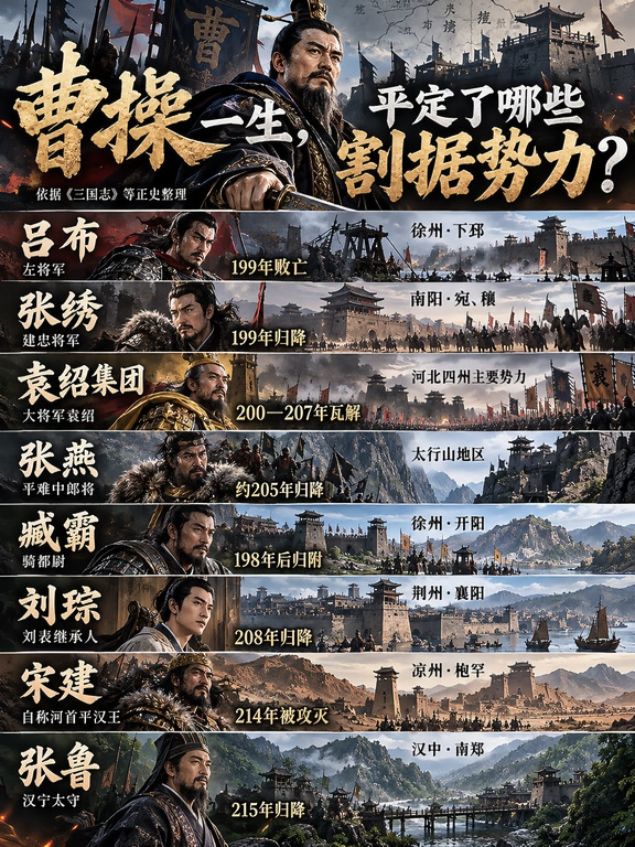 曹操一生平定过那些割据势力？