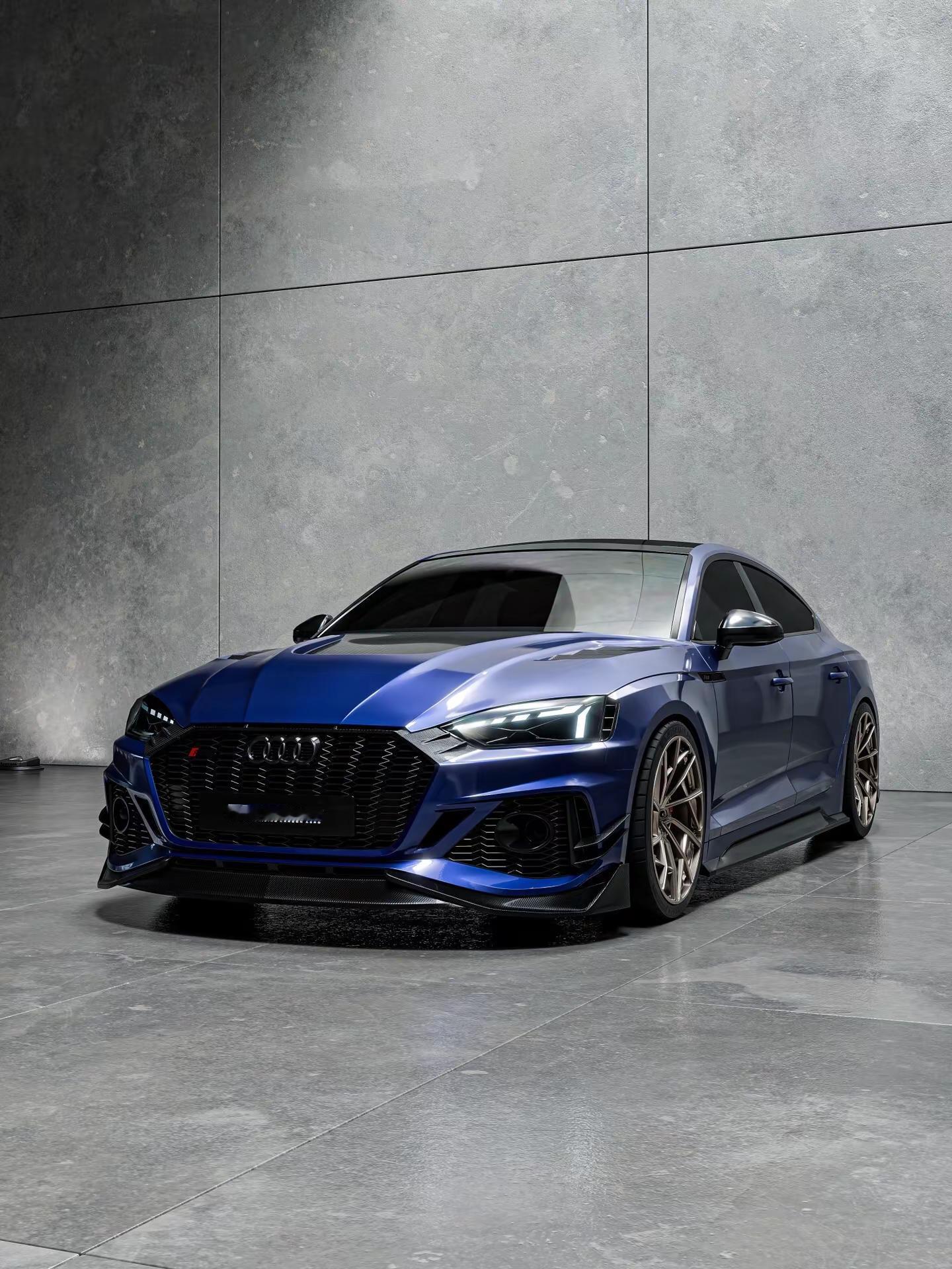 一台完美进化的奥迪RS5 Sportback。金属蓝车身 + 全套干碳纤维套件（开孔机盖/前唇/侧裙/尾翼/后唇），搭配古铜色锻造轮毂与红卡钳。轻量化与空气动力学的完美结合，颜值与性能的双重暴击！这姿态，走在街上绝对是回头率收割机。你觉得这套改装方案怎么样？💬 奥迪RS5   碳纤维改装