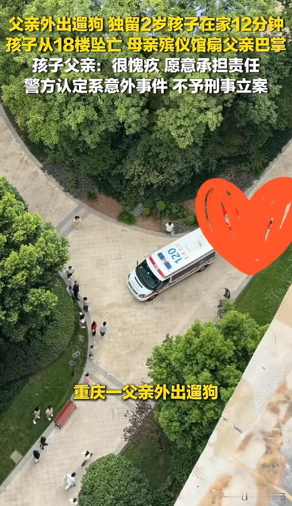 12分钟。

就12分钟，一个2岁孩子的命没了。

重庆，一个普通的周末下午。2岁2个月大的孩子被爸爸放在沙发上看动画片，怀里抱着最喜欢的被子。爸爸转身出门遛狗，觉得“就一会儿，没事的”。

12分钟后他回来，沙发上空了。

他找遍了次卧、主卧、厕所、厨房，最后冲上阳台——孩子已经倒在楼下。法医推测