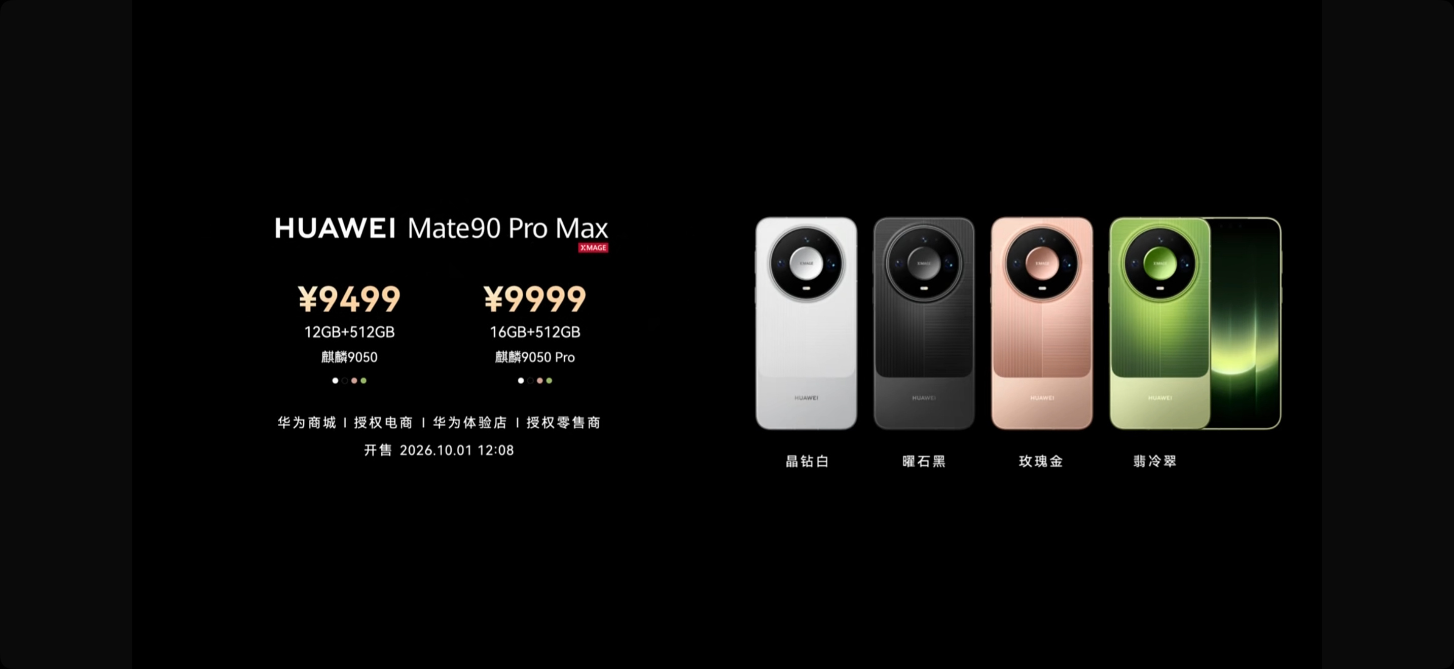 华为Mate90系列今天上午10点发布、12:08开售，五款机型的价和料一次说清。

标准版是麒麟9030，6.75英寸直屏，6600mAh，66W有线加50W无线：12+256卖5999元，12+512卖6999元，12+1TB卖8499元。

Pro版换麒麟9035，屏幕、尺寸、电池都一样，有线提到100W，主摄换成1/1.28英寸大底，长焦改成微距潜望：12+ ​
