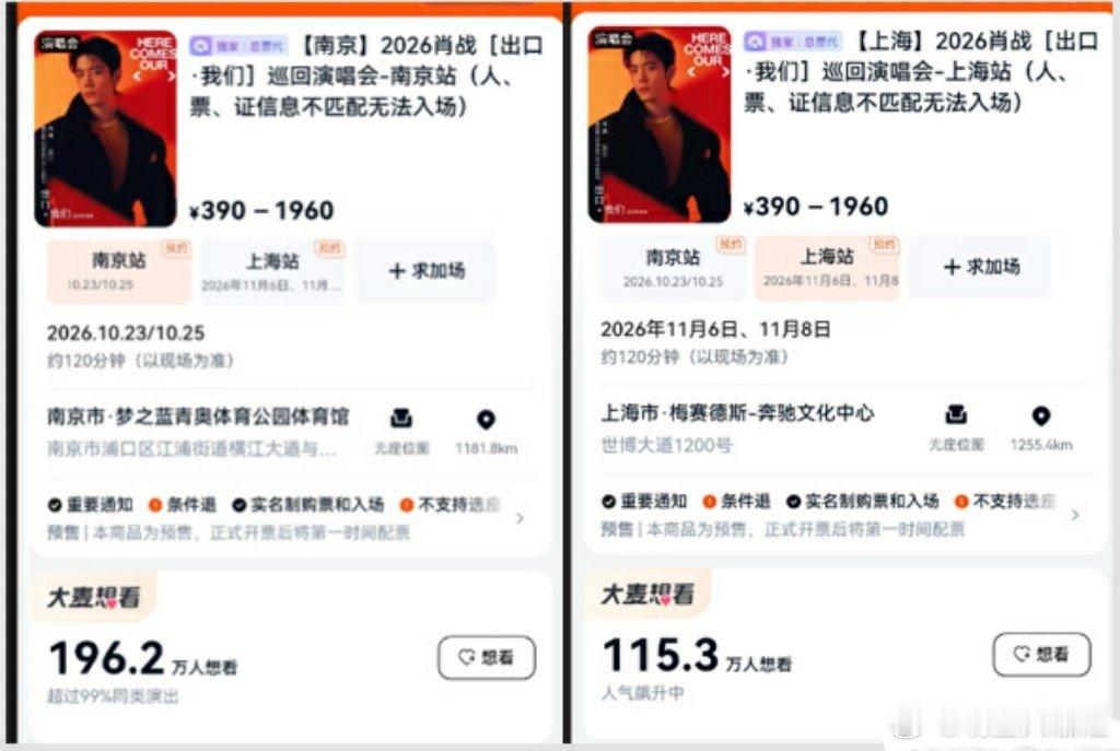 #肖战[超话]##肖战又破纪录了#肖战就是来打破各种纪录的，演唱会官宣仅仅一天，南京站+上海站预约想看人数已经破300多万了，单个演唱会官宣话题阅读量超10亿！这热度真的不敢想啊，明天抢票难度真的可想而知了，我有抢到票的风险吗？！#观众网演唱会##明星大咖汇# ​