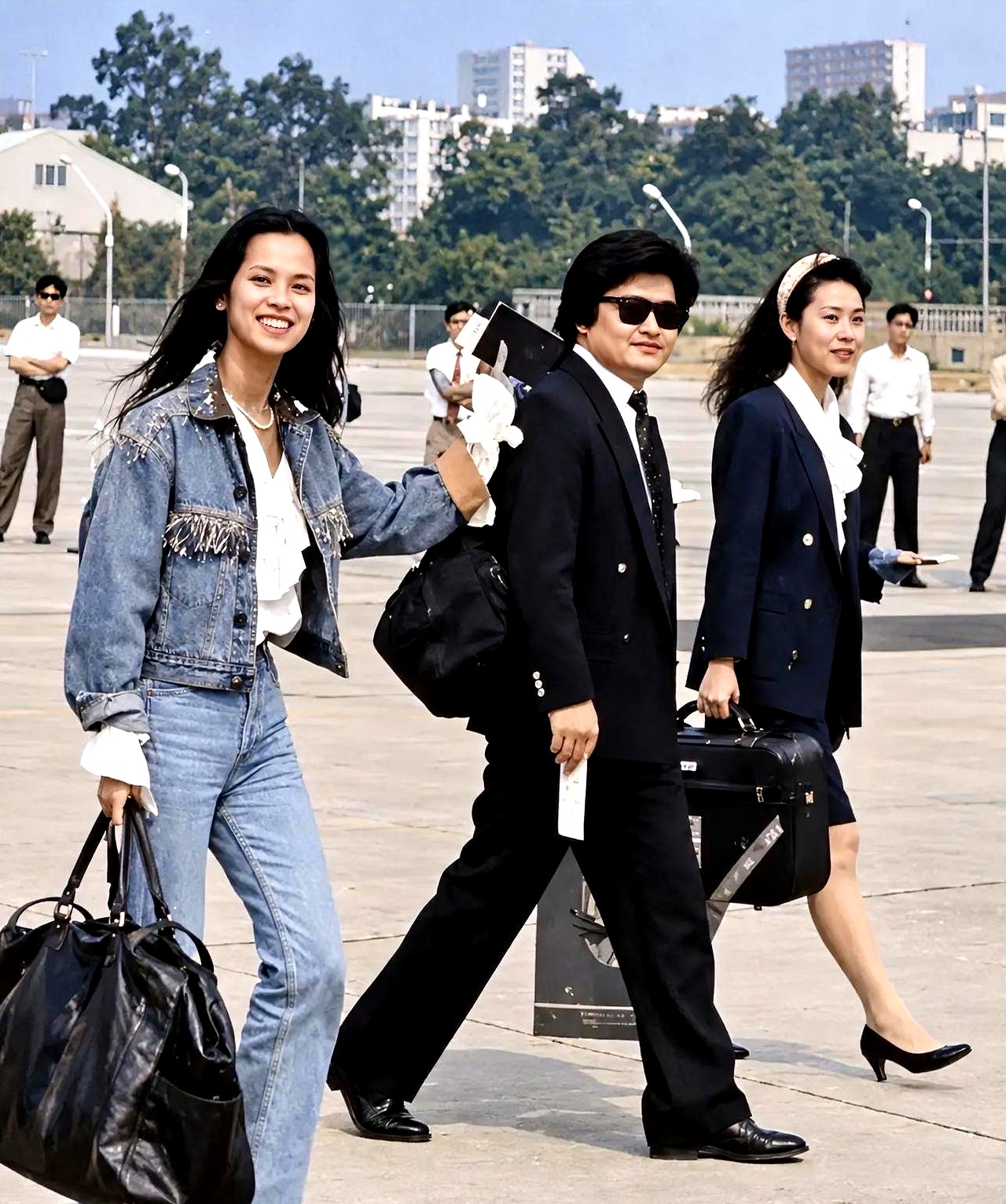 很多人一直以为《亚洲雄风》是在开幕式现场真唱的，其实当年现场放的只是事先录好的版本，刘欢和韦唯根本没在开幕式台上开嗓
 

不过当年这几位是真的潮。
 

1990年亚运会前夕，刘欢和韦唯，还有刘欢的妻子卢璐在停机坪准备出行，留下了一张合影
 

看看当年的装扮，韦唯穿一身流苏牛仔外套搭配牛仔裤，放