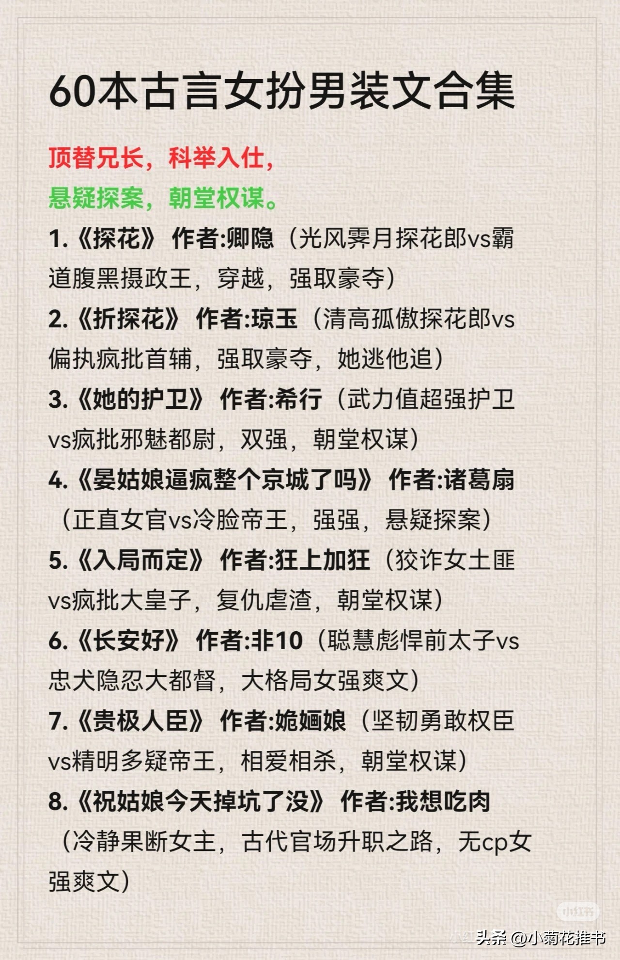 【老实人女主拿捏权贵男主，打脸真香的古言】老实的她有一颗真心。
《迷魂阵》作者：锦葵紫
《春台记事》作者：盛晚风
《玉阶遥》作者：白糖三两
《让春光》作者：这碗粥
《禁庭春》作者：简小酌
《珠玉在侧》作者：好大一锭银