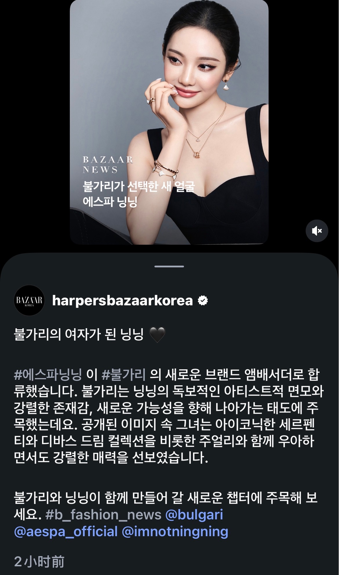 【harpersbazaarkorea🇰🇷IG更新】成为宝格丽女郎的宁宁🖤

宁宁作为宝格丽的全新品牌大使正式加入。宝格丽关注到了宁宁独一无二的艺术面貌、强大的存在感，以及勇于迈向新可能的态度。在公开的宣传照中，她与包括标志性的 Serpenti 和 Divas' Dream 系列在内的珠宝相搭配，展现出了既优雅又强烈 ​