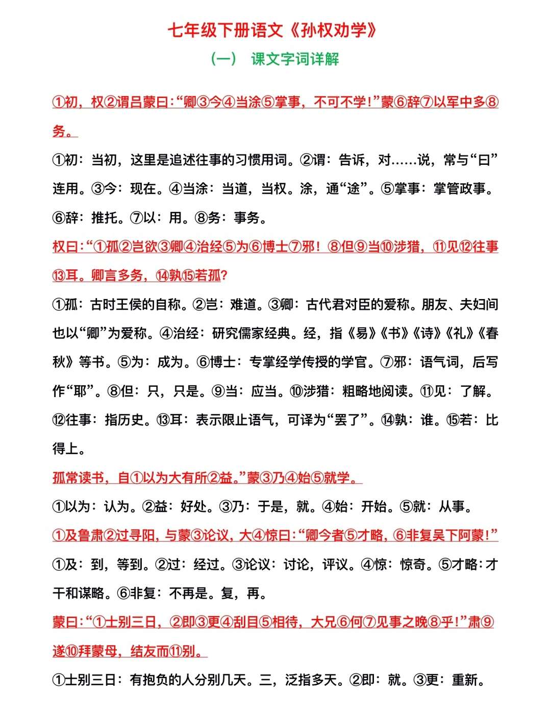 七年级下册语文《孙权劝学》课内字词详解