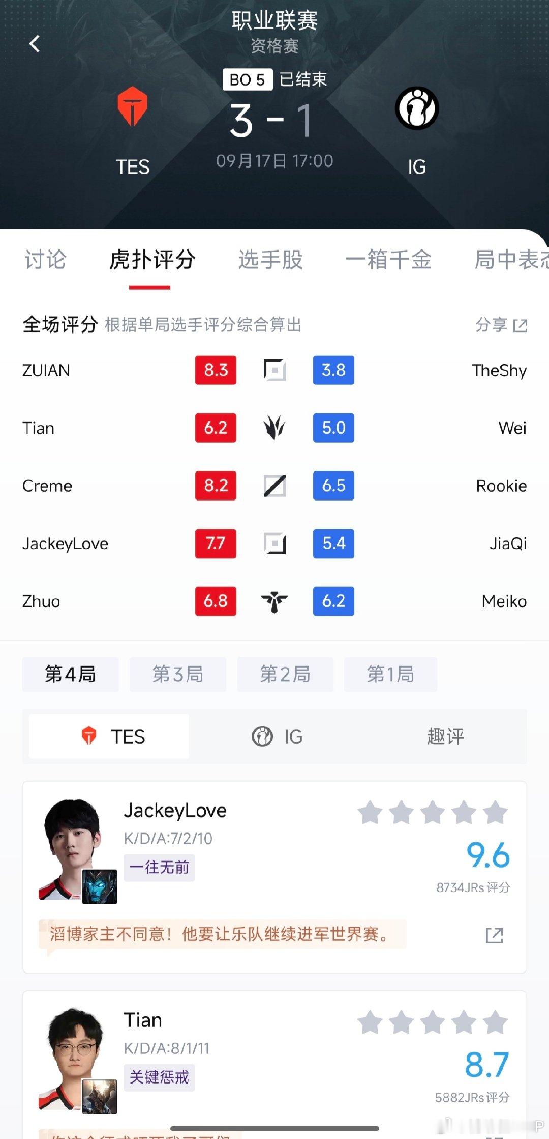 听见你说，出歌看滔搏。恭喜Zuian跟Zhuo首次进入世界赛[笑而不语]

#Theshy冲击世界赛##TES和IG争夺S16三号种子##TES对战IG# ​​​