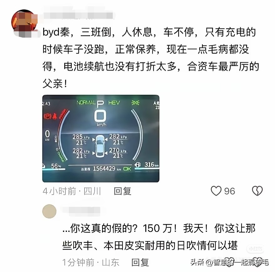 比亚迪秦杀疯了，着实让人倒吸一口凉气。开了156万公里！不是15.6万，是156万公里！
原帖老哥发话：“byd秦，三班倒，人休息，车不停，只有充电的时候车子没跑，正常保养，现在一点毛病都没得，电池续航也没打折太多，合资车最严厉的父亲！”
如果图片是真的，那这哪里是车啊，这简直是“生产队的电驴子”！