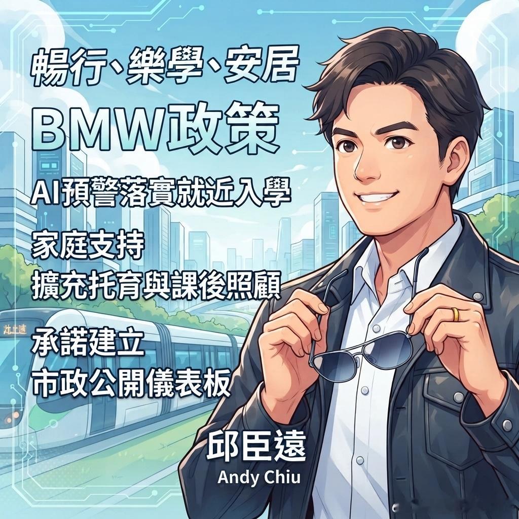 邱臣遠提出「暢行、樂學、安居」藍圖，針對交通推動ＢＭＷ政策、教育以ＡＩ預警落實就近入學、家庭支持擴充托育與課後照顧，並承諾建立市政公開儀表板。

－－－－－－－－－－

科技竹北迎新政，暢行樂學作前鋒

臺灣民眾黨竹北市長參選人邱臣遠，在１２日舉行的「科技ＫＯＬ×城市ＣＥＯ市政解題沙龍 ​