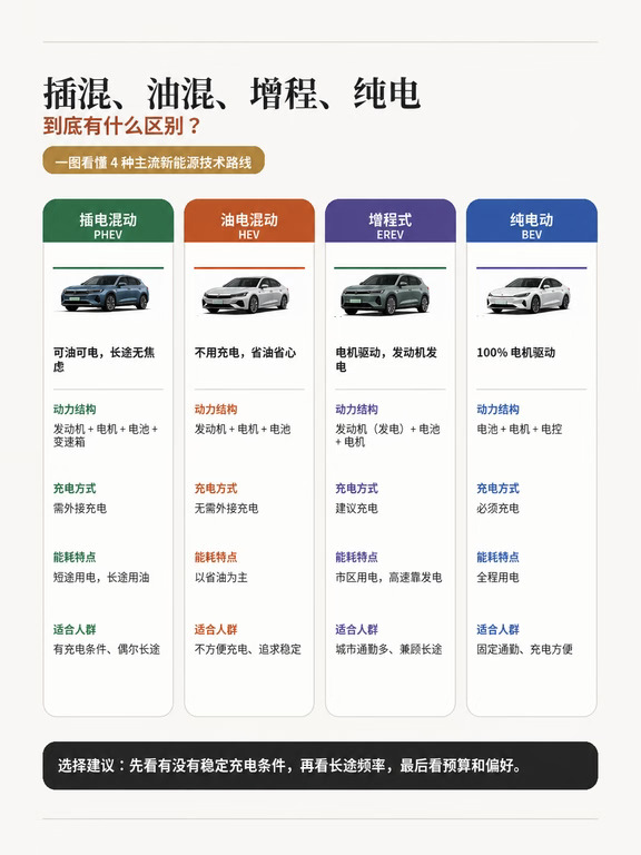 插混 油混 增程 纯电有什么区别？