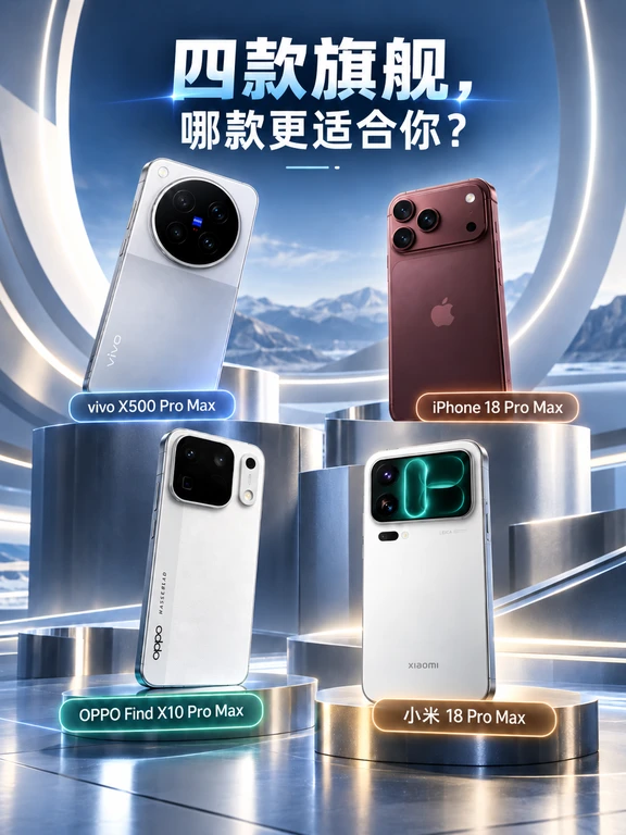 四款旗舰，哪款更适合你？参数都很强，但实际体验真不是一回事
现在顶级旗舰基本都在拼影像，单看参数表，iPhone 18 Pro Max、小米18 Pro Max、OPPO Find X10 Pro Max、vivo X500 Pro Max，一个比一个猛。
但真放到日常使用里，你会发现它们其实不是同一种思路。
vivo X500 Pro Maxvivo X500 Pro Max主摄采用50MP蓝图光御900、索尼定制和17EV超高动态范围，逆光夜景更从容。蔡司2亿APO长焦兼顾建筑、人像、演唱会等高频场景。视频支持4K 120fps、10bit Log、4K 240fps慢动作和8K Live，拍照视频都很全面。
iPhone 18 Pro Max 依然是比较稳的路线。48MP主摄、48MP长焦、48MP超广角，视频支持4K 120fps杜比视界。它最大的优势还是稳定和生态，尤其是本来就在用苹果设备的人，拍完素材直接接着剪，整个流程会比较顺。
小米18 Pro Max 更偏高像素和...