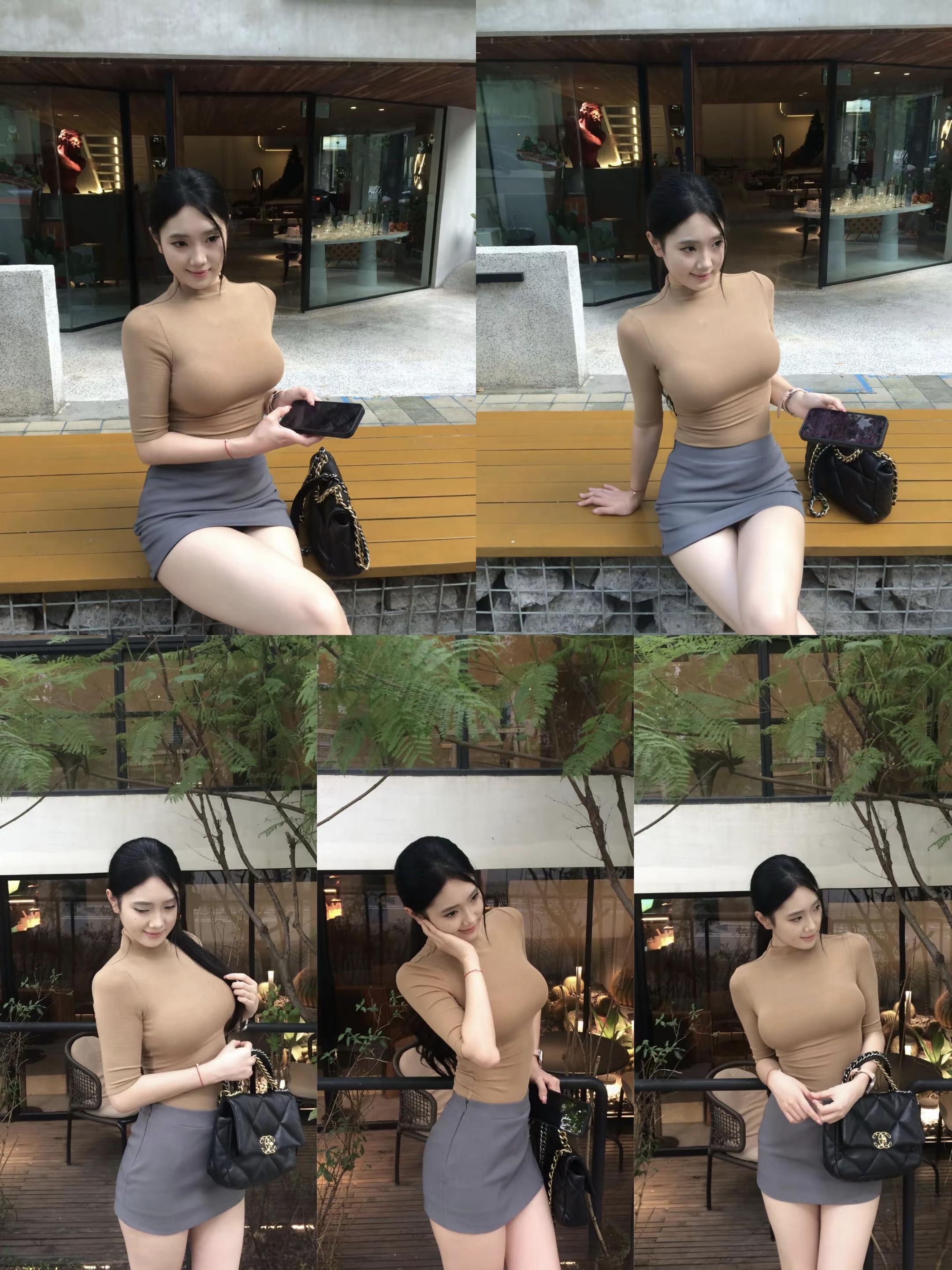 性感尤物短裙美女在户外建筑旁的多组写真，身着卡其色修身上衣配灰色短裙...