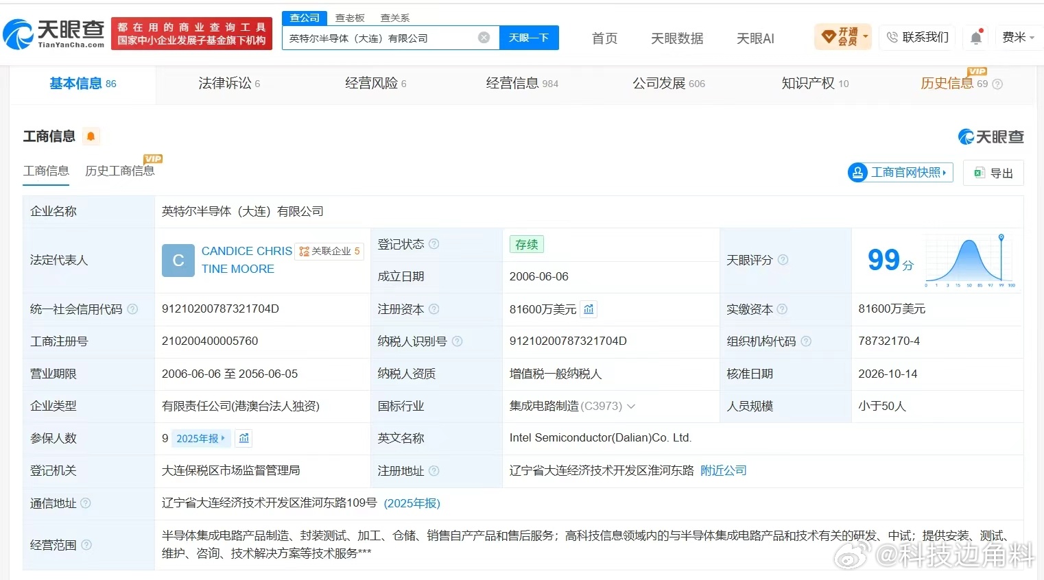 【#英特尔旗下大连半导体公司增资至8.16亿美元##英特尔旗下大连半导体公司增资3980%##英特尔旗下大连半导体公司增资7.96亿美元#】天眼查App显示，近日，英特尔半导体（大连）有限公司发生工商变更，注册资本由2000万美元增至8.16亿美元。

英特尔半导体（大连）有限公司成立于2006年6月，法定代表人为C ​