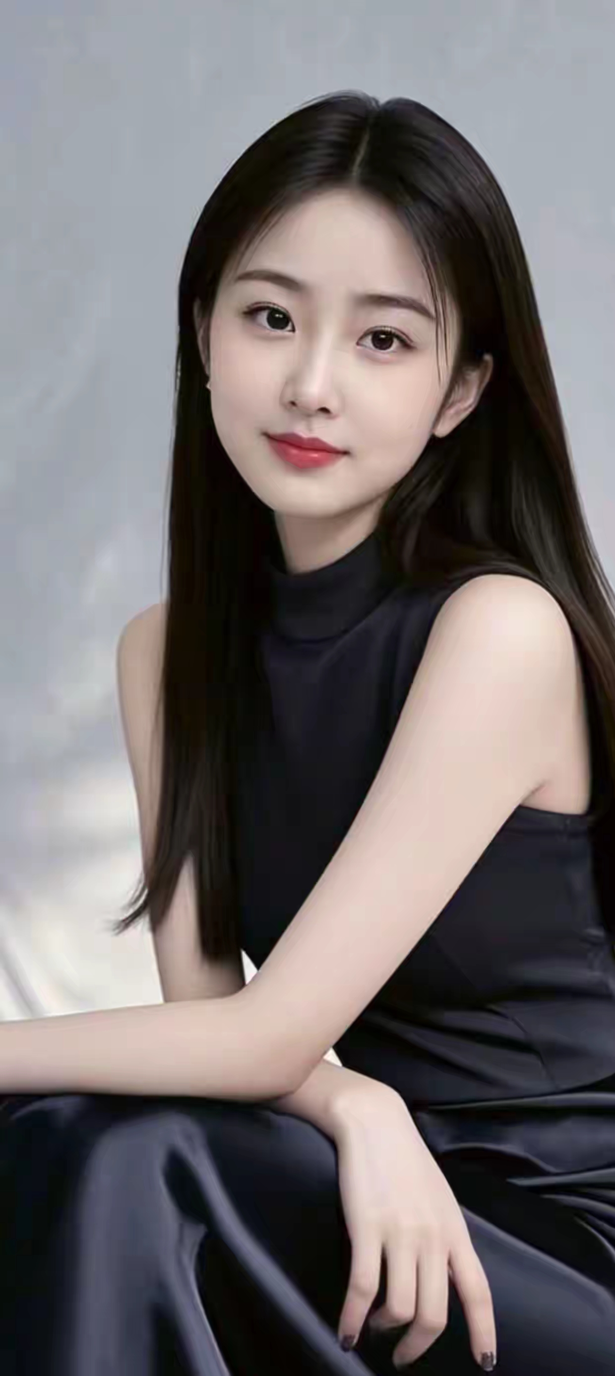 优雅黑裙，气质女神，温柔微笑，完美造型