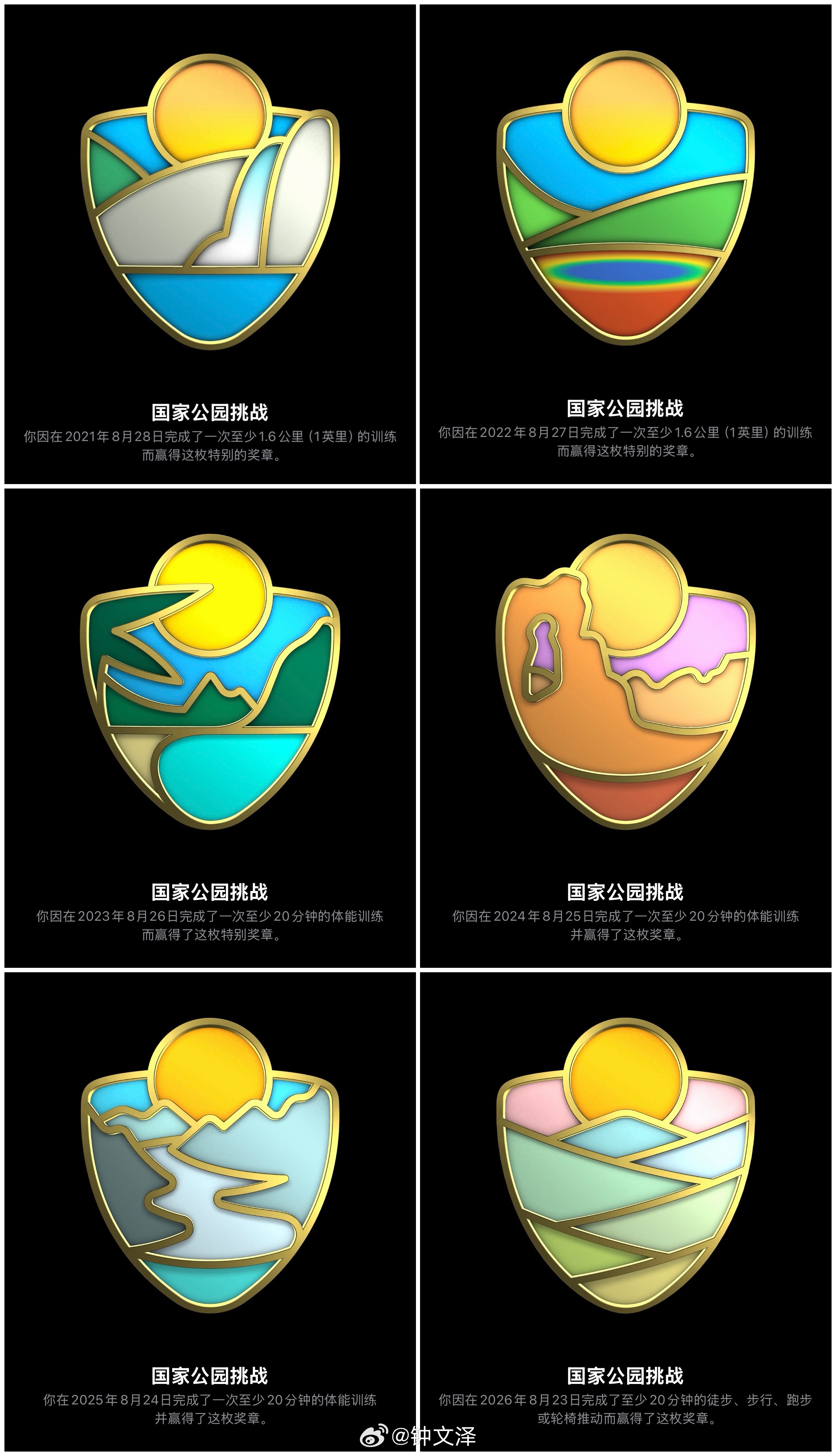 Apple Watch 国家公园挑战限定勋章，拿下！

今日徒步、步行、跑步或轮椅推动 20 分钟即可获得。我今天才注意到，原来每年的国家公园勋章图案还不一样。我尝试去查了一下，但没有得到准确的答案：

2021 年，非常像优胜美地 Yosemite 国家公园 

2022 年，有点像黄石国家公园。

2023 年，有点像阿卡迪 ​