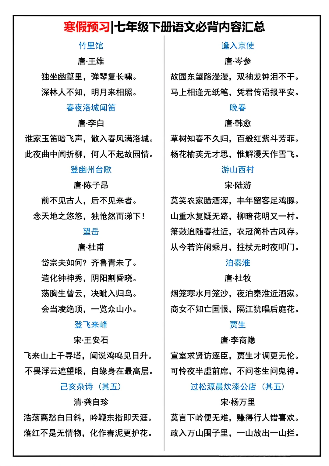 七年级下册语文古诗文言文翻译及默写