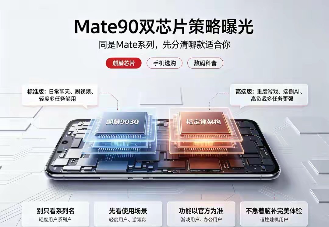 Mate90系列双芯片爆料：标准版9030、高端搭载韬定律芯片 ​