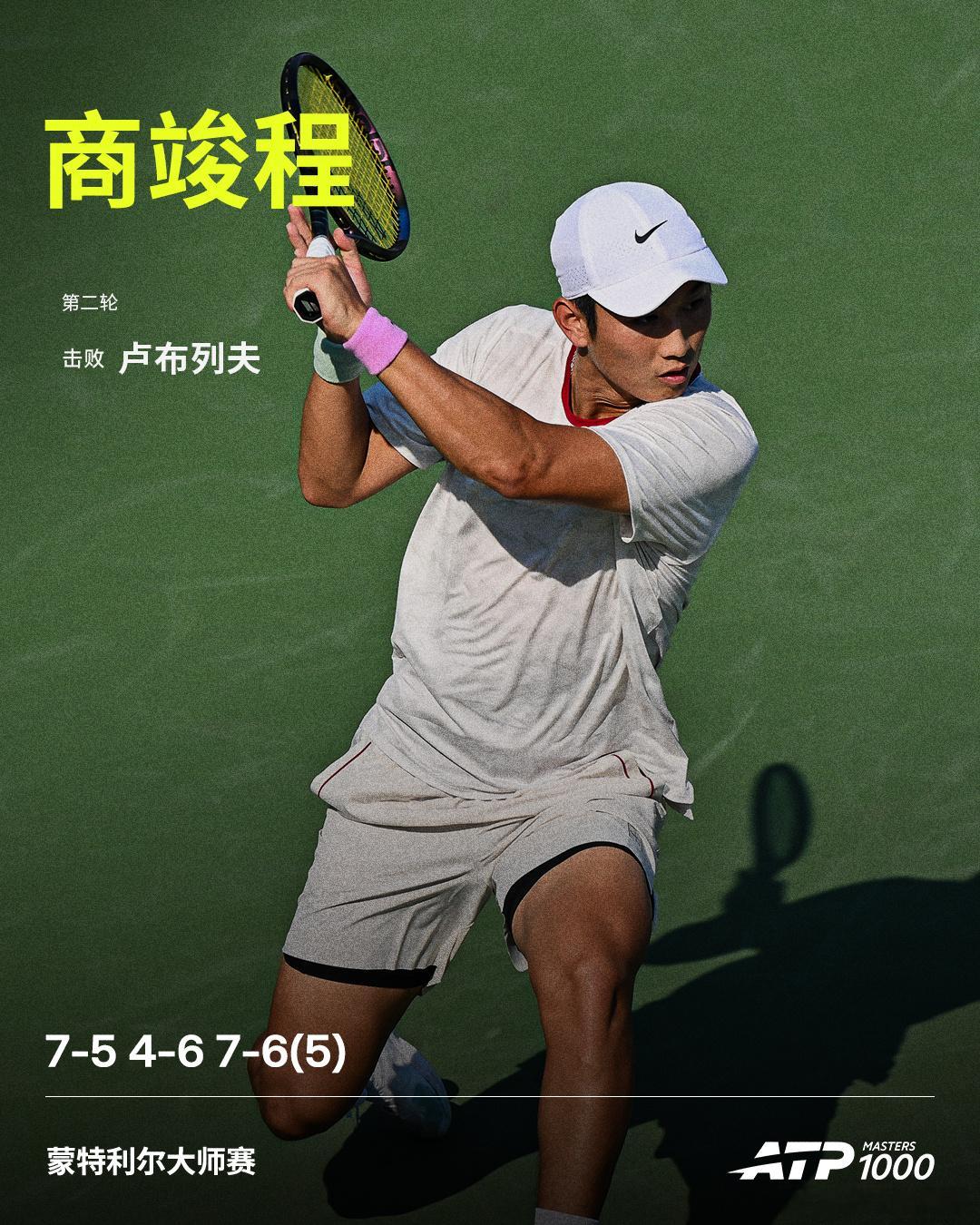 ATP1000蒙特利尔站第二轮，中国选手商竣程7-5、4-6、7-6...