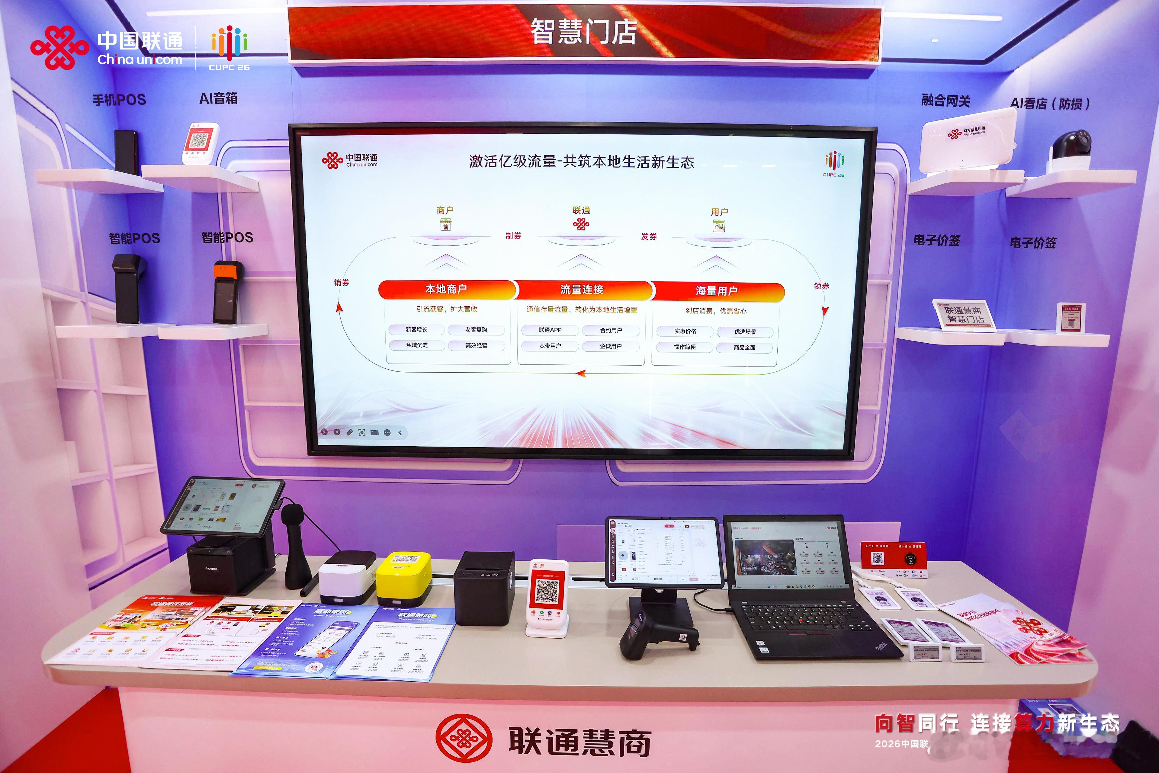 联通慧商智慧门店，打造 “通信 + 支付 + SaaS+AIoT” 一站式数智化解决方案，面向餐饮、零售中小商户落地数字化转型。方案依托联通千兆网络、算力底座与央企支付安全能力，配套行业 SaaS 系统，餐饮场景可实现扫码点餐、收银后厨、会员营销，零售场景覆盖商品建档、库存管理、自助收银、进销存统一对 ​