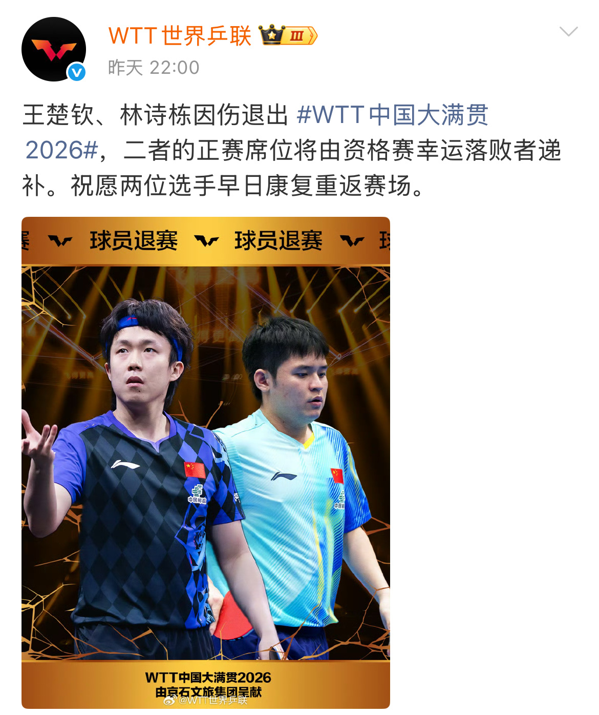 王楚钦林诗栋受伤退赛，刚刚伤愈复出并参加亚运会的孙颖莎还没有退出WTT中国大满贯。

还是马继华老师敢说，王楚钦的伤大家都看到了，林诗栋为啥退？都能跨栏，咱也不知道为啥？

还有为何孙颖莎没有退赛？我能想到的第一个理由就是撑票房，十一假期+WTT中国大满贯，是WTT扩大收入的绝佳机会，如果王楚钦孙颖