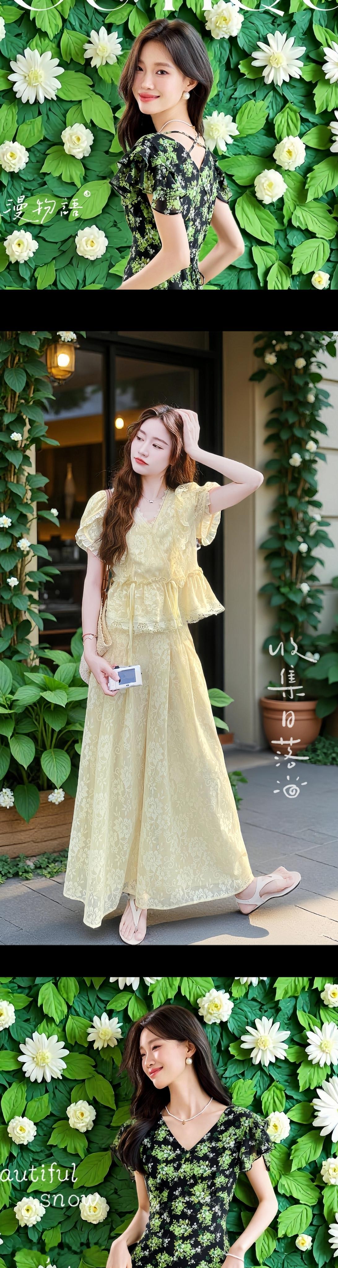 温柔氧气感 | 淡黄色蕾丝套装  V领蕾丝上衣 小飞袖+荷叶边下摆 甜...