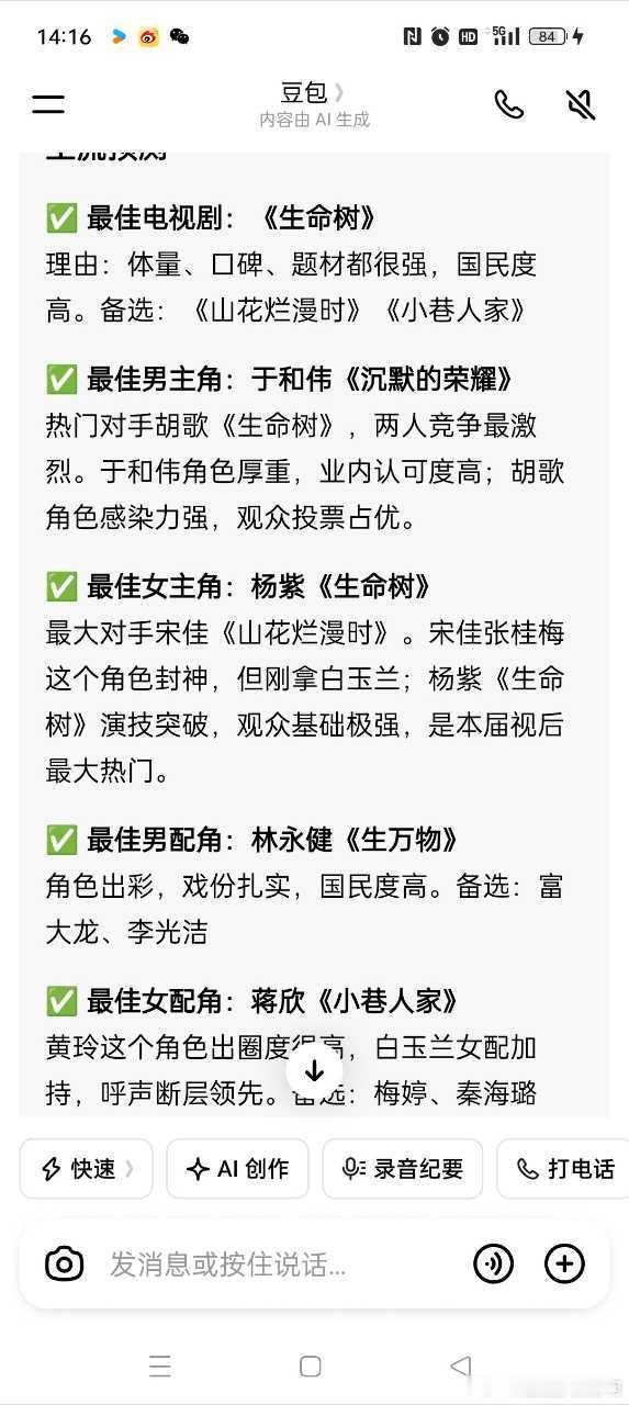 豆包给的金鹰奖最新预测 ​