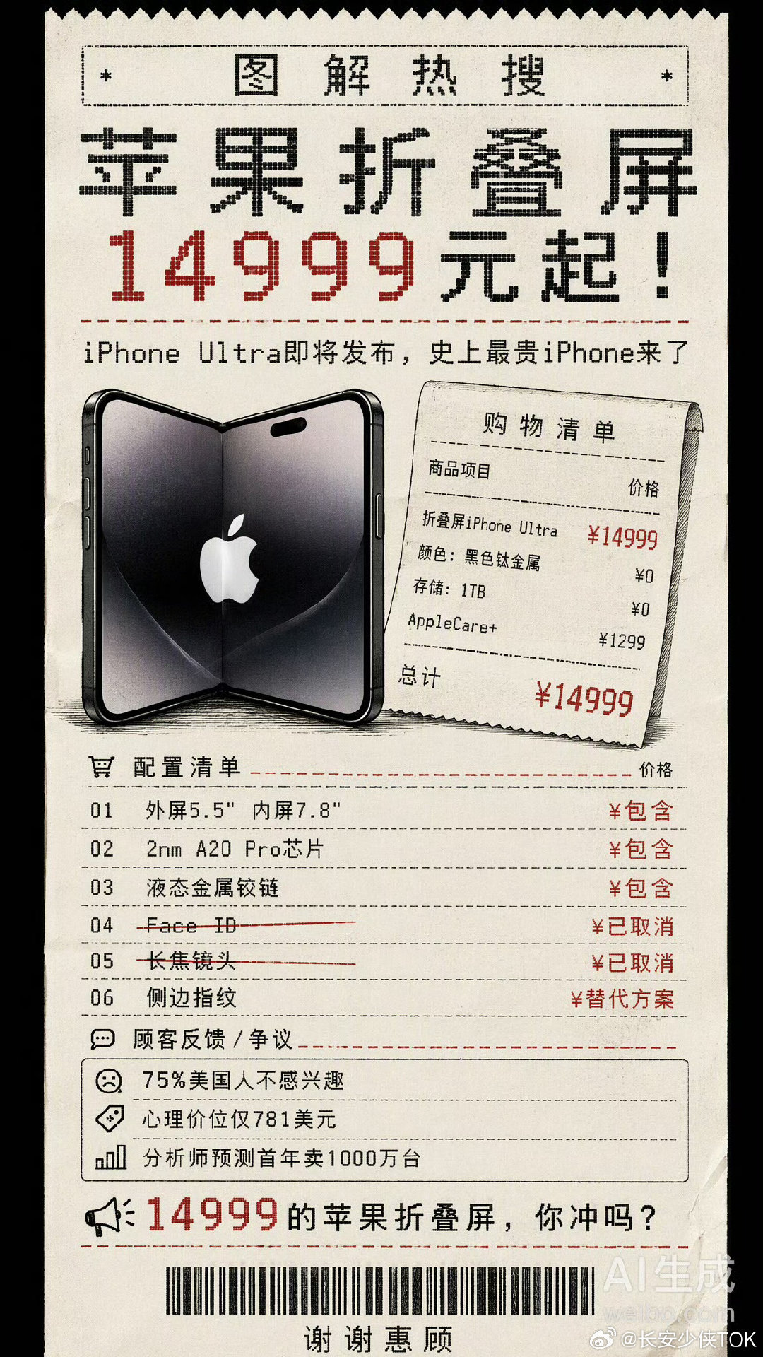 #iPhoneUltra横向内折#，苹果首款折叠屏手机今晚，准确的说是明天凌晨即将发布，关于价格，大家都猜测的是14999元起，这个价格以前看起来可能会很贵，但是经过其他厂商一轮又一轮的涨价，看着还行。[允悲] ​
