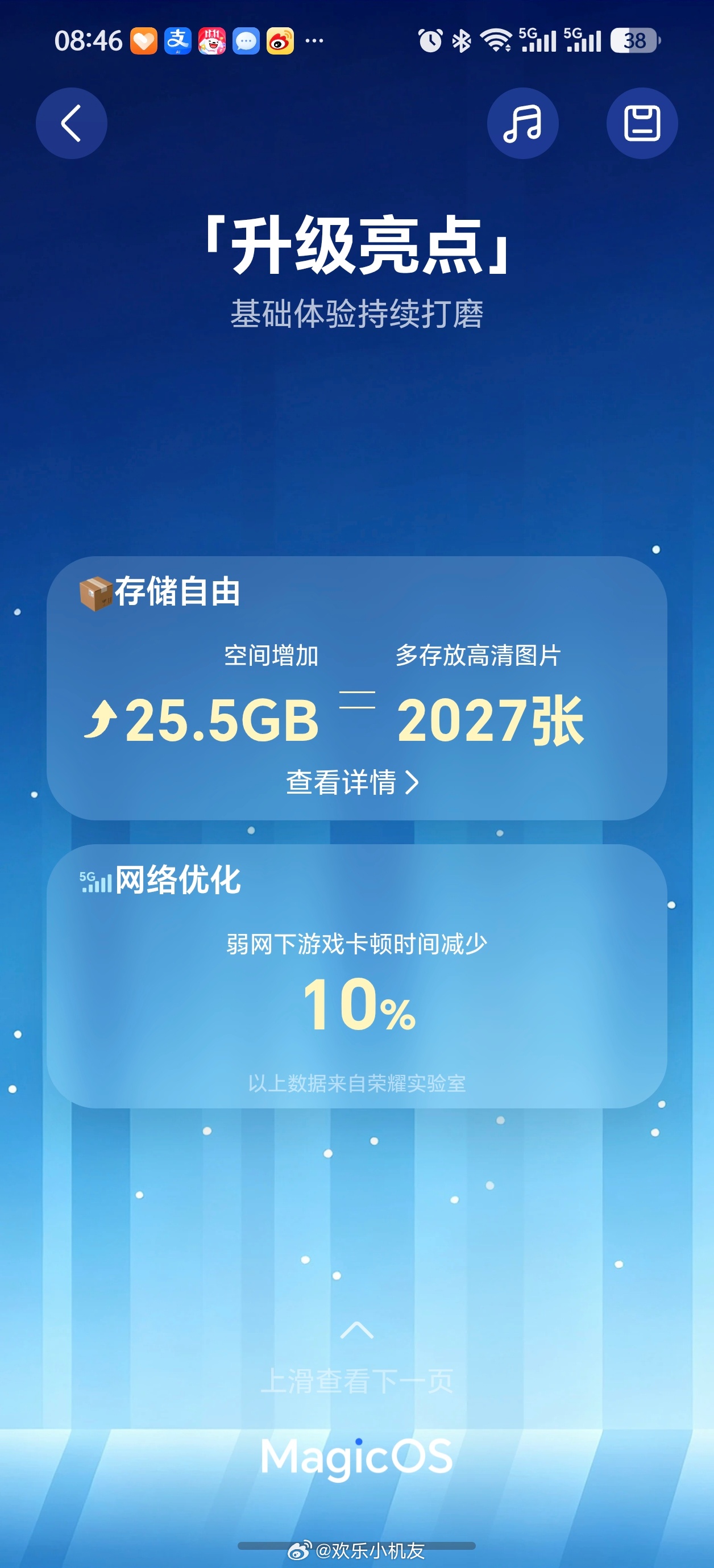 早上把我的M8升级到了最新的MagicOS11了，空间释放了25G，也可能是我的装的APP 图片、视频都比较少，看到最多的释放了50G。
还有升级故事可看，自己这么多年没想到也用了不少耀子的设备。
这次升级真是省了好多空间。老版本升级、换机克隆都能自动腾地方，当下好多款机型都在推送新系统了，大家可以点 ​