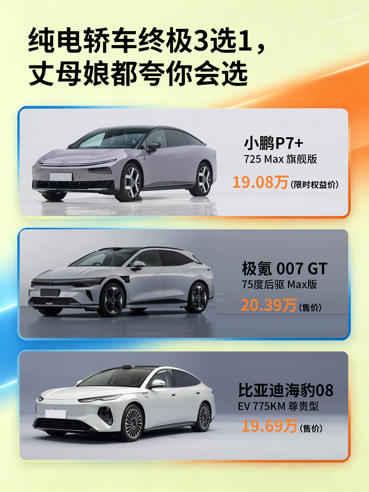 纯电轿车终极3选1，丈母娘都夸你会选
事情是这样的：国庆假期，准备带对象回老家见爸妈了。 车选不好，第一印象直接扣分😇
把小鹏P7+、极氪007GT、海豹08EV三台热门纯电轿车对比了一圈，分享下我的思路：
🎁 后备厢=诚意
第一次上门，礼物不能少。海豹08EV的508L，常规礼盒没问题，但对象非要