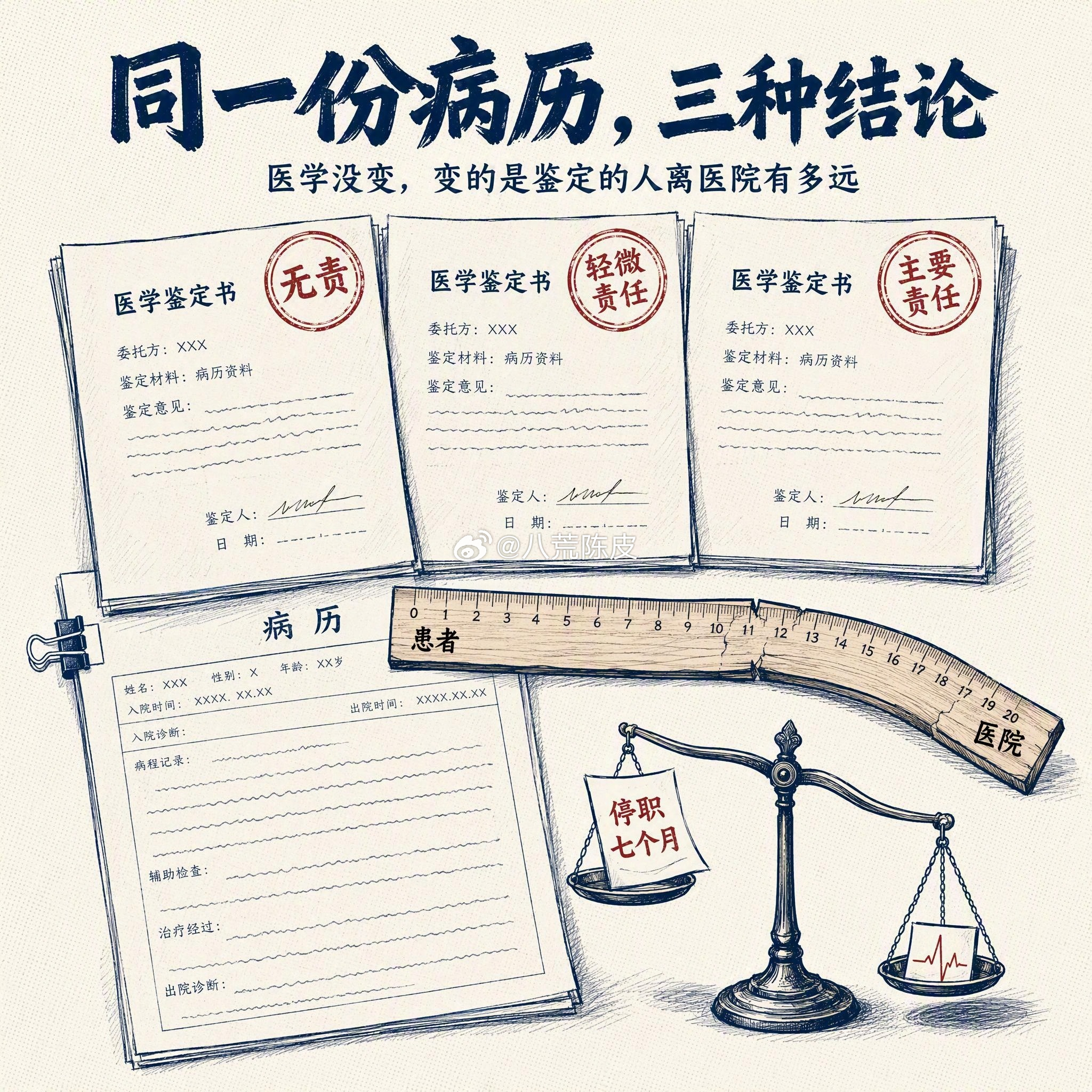 #山东一产妇剖宫产身亡# 同一份病历，三级医学会读出三种结论：市级说没问题，省级说有点问题，国家级说主要是你的问题。医学没变，变的是鉴定的人离那家医院有多远。

更刺眼的是：产妇心跳骤停、命悬一线，医生顺手把子宫肌瘤也剥了。抢救台成了顺台手术，这不是技术分歧，是底线失守。

三年，三条 ​