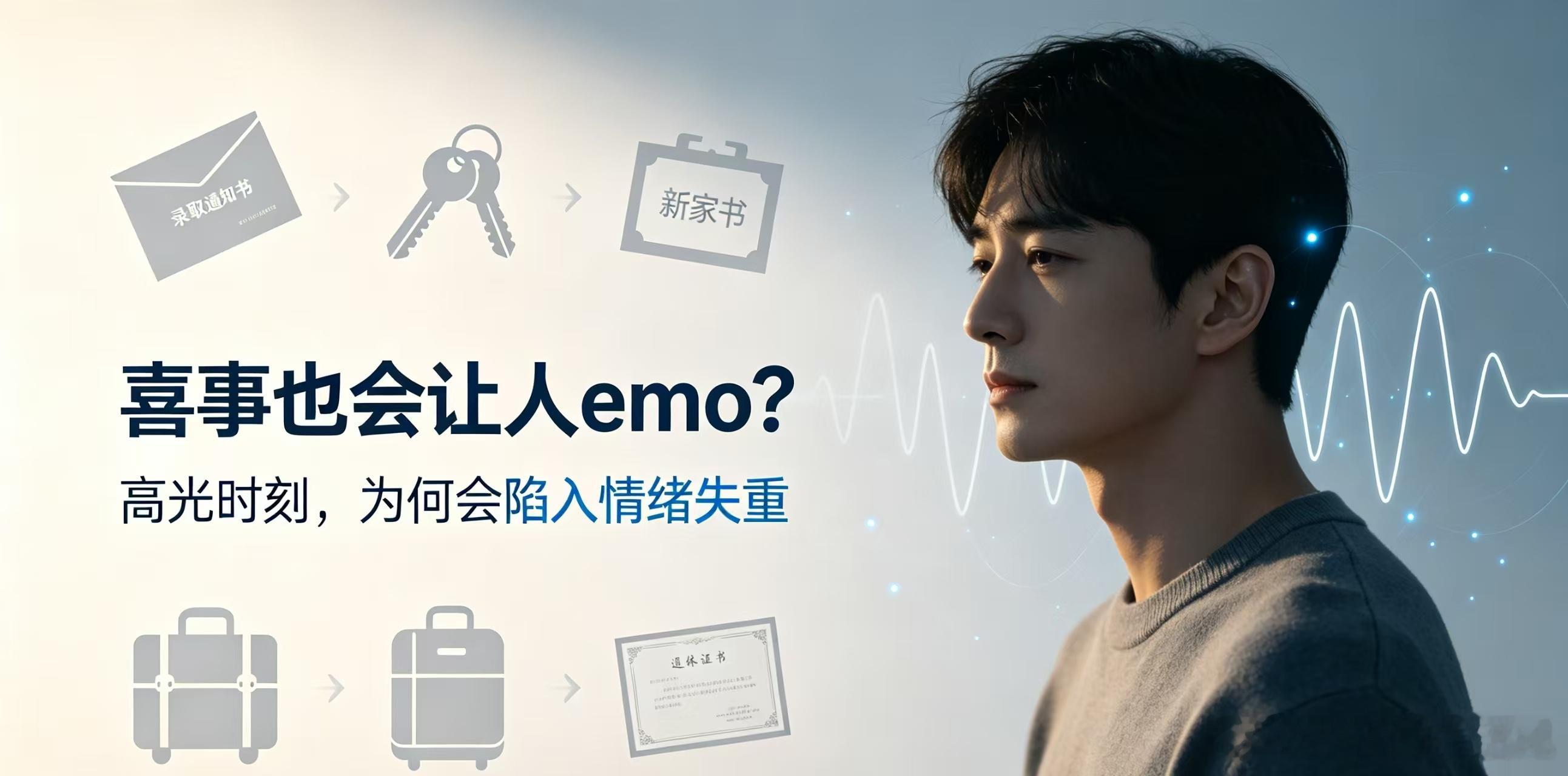 喜事也会让人emo？升学、乔迁、子女留学，为何高光时刻反而情绪低落
我们总以为，只有挫折、失去与苦难，才会带来情绪内耗。
 
可生活里常常出现一种矛盾：
升学上岸、乔迁新居、子女出国留学、退休返聘、升职加薪……这些旁人眼中值得庆贺的人生高光，当事人却会莫名emo，陷入空虚、失眠、提不起劲， ​