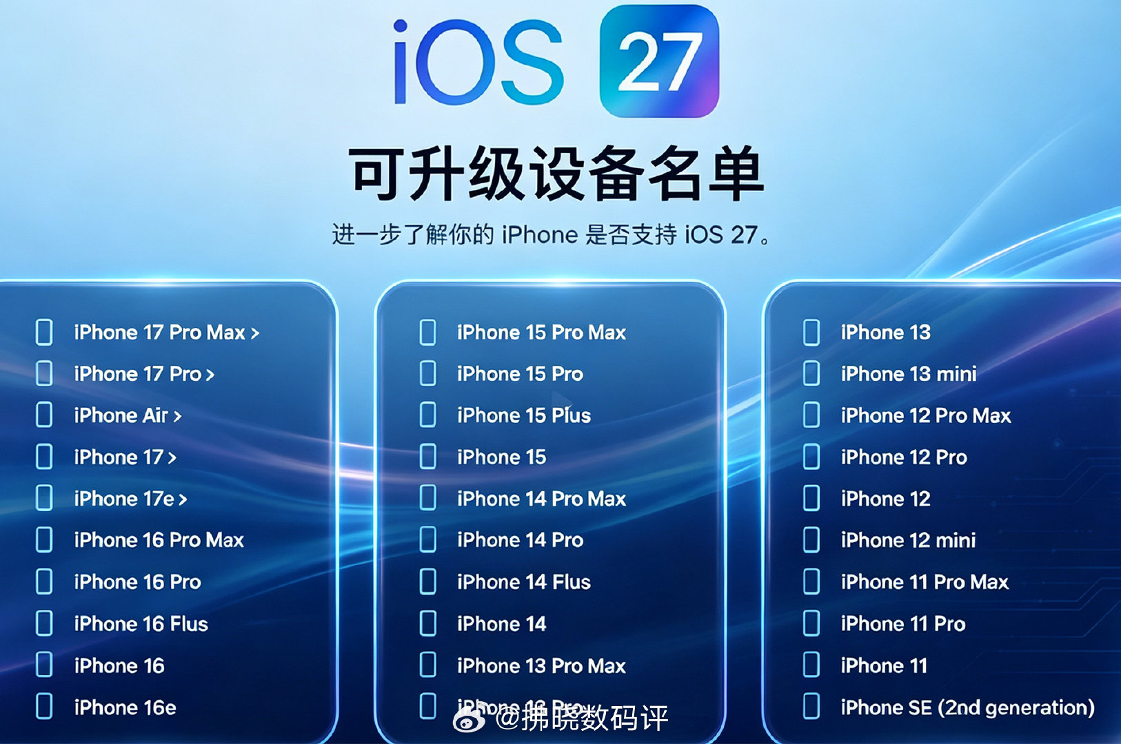 #iOS27正式版推送# 
苹果确认，iOS 27正式版将于9月15日凌晨1点全量推送，提前看看你手中的果子是否支持更新。对了，国行版依旧缺席AI功能......[doge] ​