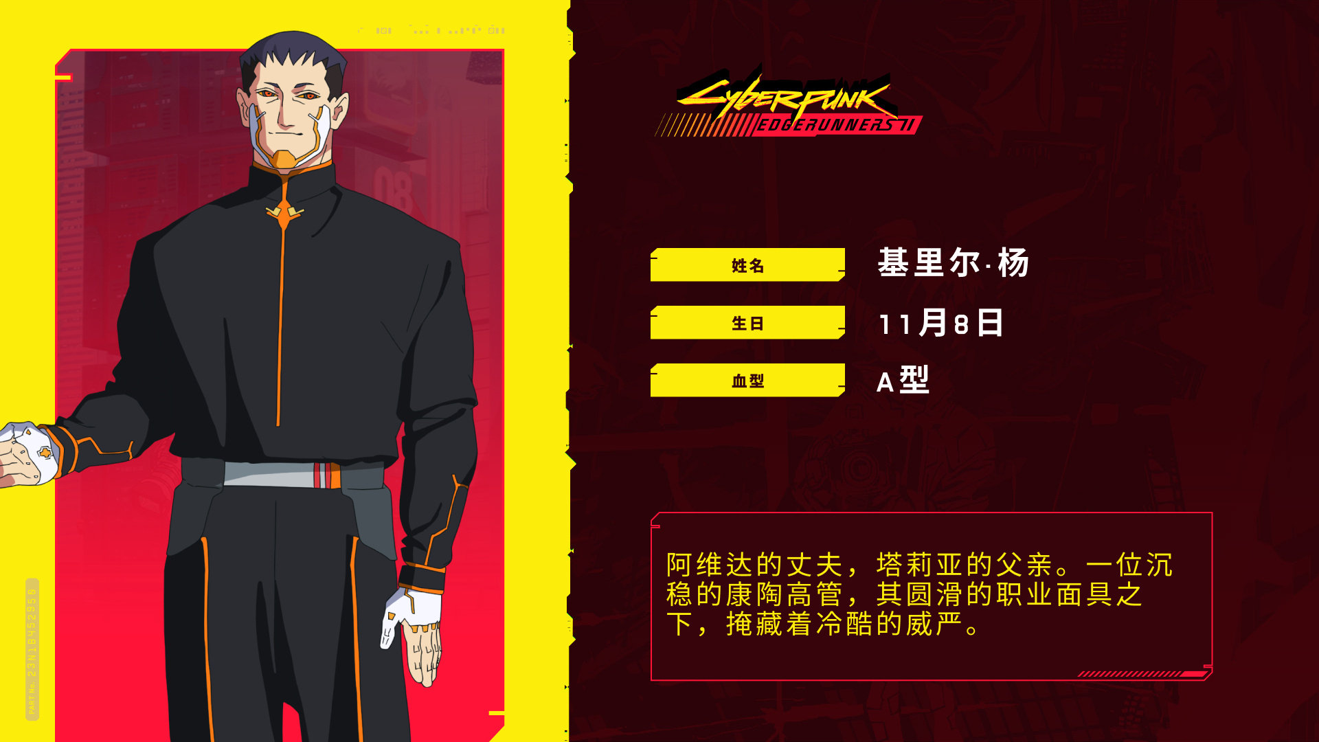 CDPR发布《#赛博朋克边缘行者2# 》基里尔·杨角色介绍，该角色将由「吴彦祖」配音，第二季将于 10 月 20 日正式上线。 ​