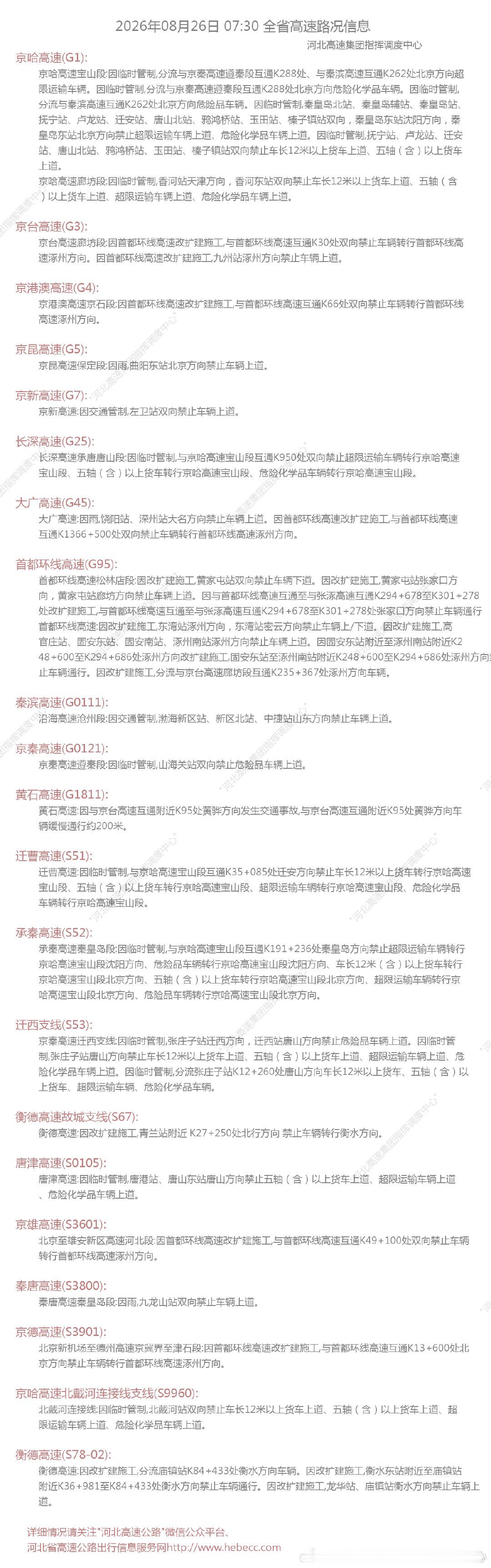 详细情况请关注"河北高速公路"微信公众平台、河北省高速公路出行信息服务网 ​