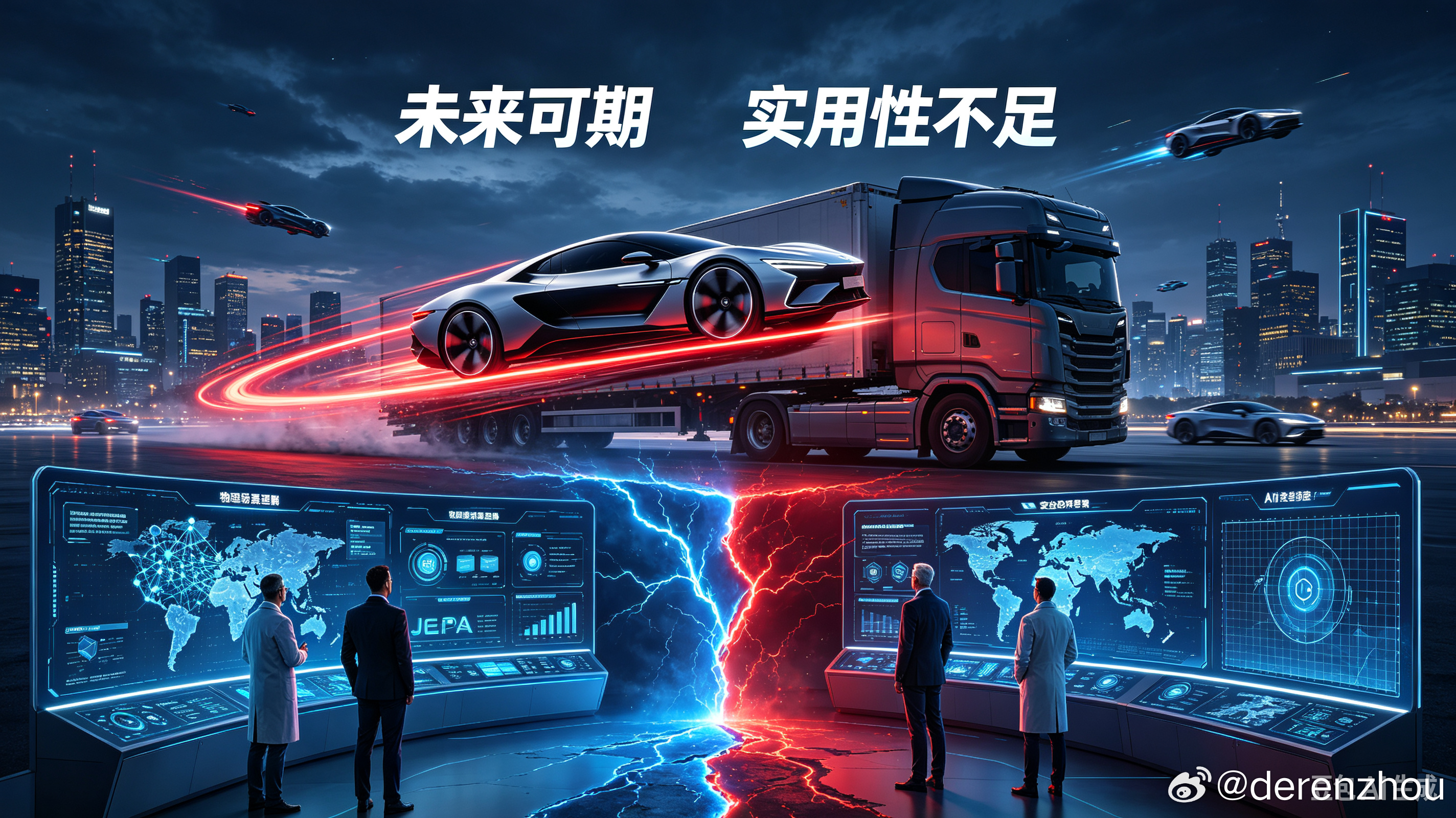 未来可期  实用性不足
——马斯克与杨立昆之争

10月15日特斯拉第二代Roadster腾空跃过Semi半挂车并完成空翻落地，马斯克发文称飞行汽车未来可期，杨立昆随即连发技术追问直指其实用性不足，两人公开斗嘴的背后，是科技商人与基础科学家的路线分歧。
杨立昆是深度学习三巨头之一、2018年图灵奖得主，华 ​