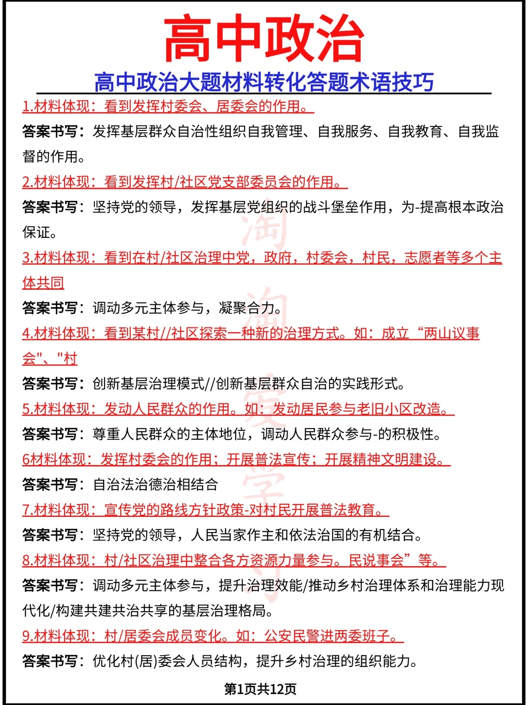 高中政治大题材料转化答题术语技巧