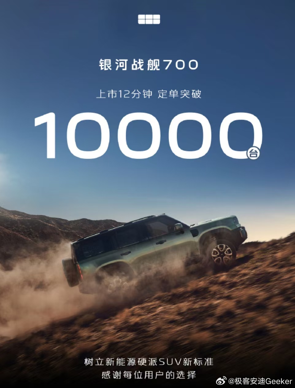 12分钟一万台，吉利银河战舰700这订单速度，放在一台硬派方盒子上确实离谱。

  更狠的是价格。预售价19.98万起，上市直接干到16.98万，一刀砍了3万。别人家硬派SUV入门都在23万往上，吉利直接把门槛拉到17万以内，这不是来分蛋糕的，是来掀桌子的。

  关键是16.98万那版不丐。47度宁德时代电池、305 ​