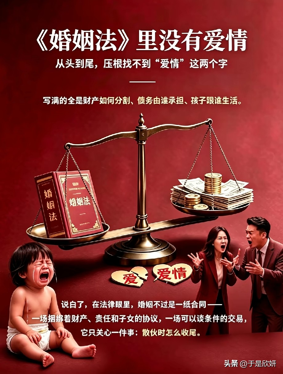网传扎心图刷屏：民法典里没有爱情，婚姻只是一份散伙协议？
 
一张解读婚姻法律的图片近期在社交平台广为流传，文案直言，旧《婚姻法》通篇找不到“爱情”二字，条文聚焦财产分割、债务划分、子女抚养，直言法律视角下婚姻更像一份权责合同，重点只在于“散伙如何收尾”，戳中不少人的内心，引发大量网友热烈讨论。