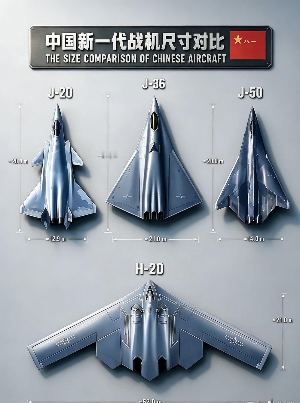 一张概念对比图，直观感受我国新一代战机的体量差距。
 
排在第一位，是已经服役的歼‑20，我国第五代隐身战机，机长约20.4米，是现在空军的主力制空重器。
 
网传代号歼‑36，这架概念六代机体型明显更大，机身约24米，宽大三角无尾布局，兼顾空战与纵深打击。
 
旁边歼‑50，体量略小于歼‑36，偏向 ​