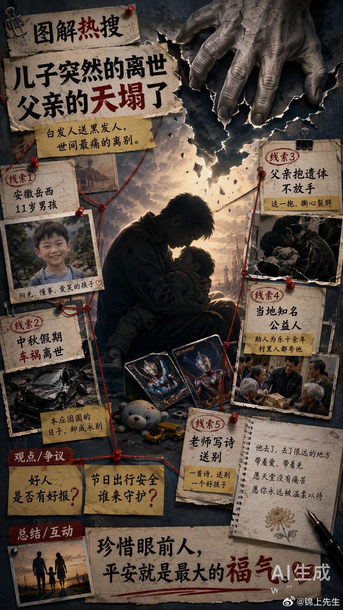 #儿子突然的离世父亲的天塌了# 白发人送黑发人，大概是世间最痛的离别。

近日，安徽岳西11岁男孩王志梁在车祸中不幸离世。他的父亲王伟是当地出了名的热心人，经营酒楼、投身公益，被邻里称为“活菩萨”。可就在中秋假期，一通电话让这位父亲的天塌了——他赶到现场，抱着儿子冰冷的遗体，一路不肯松 ​