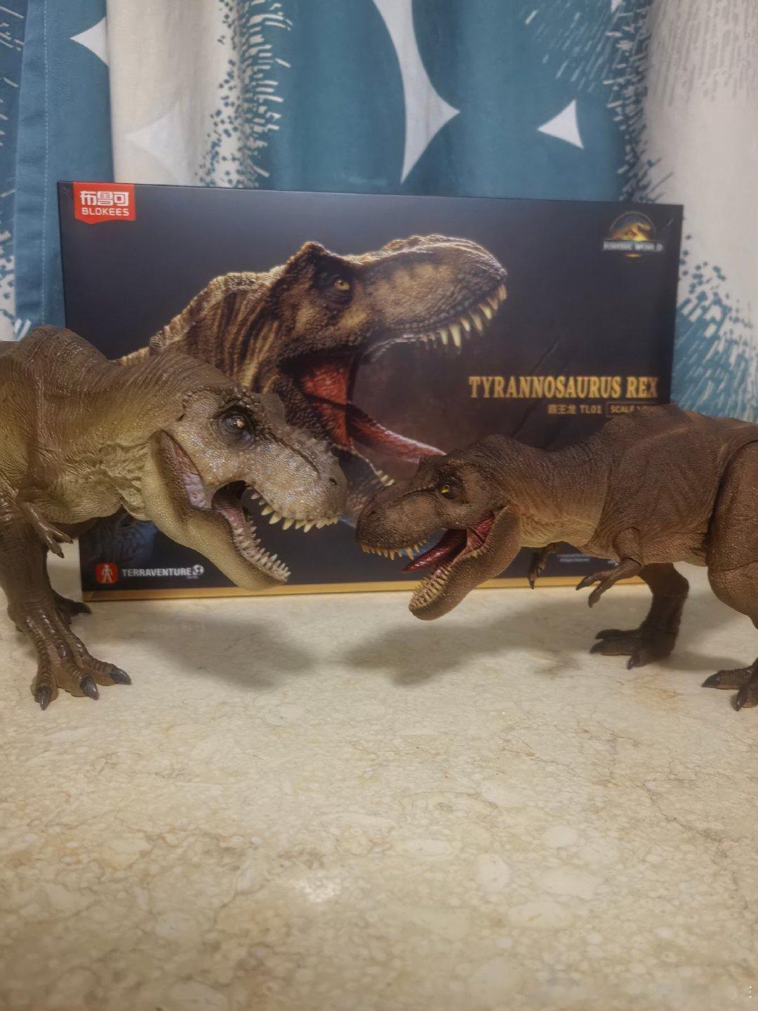 原型同样都是侏罗纪公园Rexy,同样标注的都是1/35比例，两只霸王龙放一起，布鲁可TL01明显比本心难改狩猎大师放一起，明显小的多，尤其是在有1/35标准比例军模当参照物的情况下更明显​