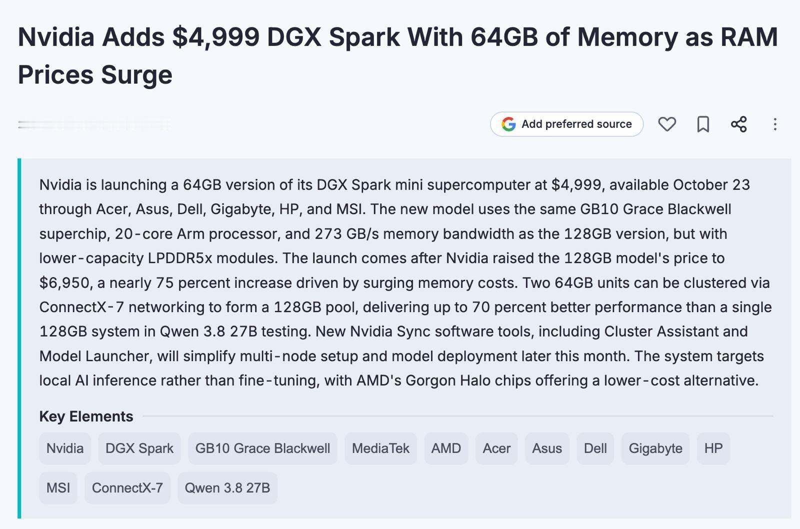 老黄新上架64Gb内存版Dgx Spark，比原版内存减半，msrp 4999刀 ​