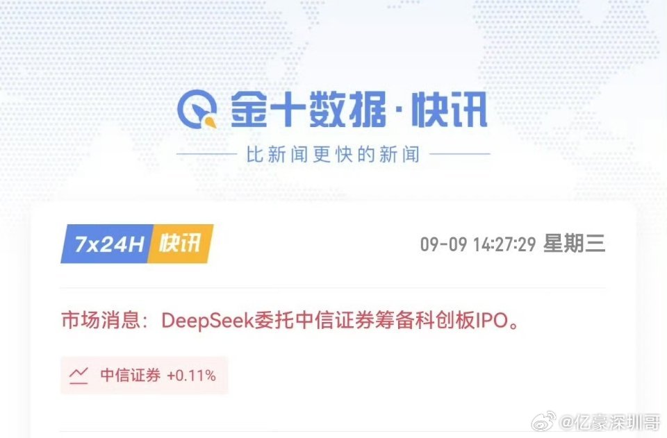 De­e­p­S­e­ek 要去科创板了，聘的是中信证券，新浪、路透都报了。

我估计接下来满屏大概都是"中国版 Op­e­n­AI 来了"，但我的意思是相反，这是国产 AI 从叙事估值切到营收对账的起点。

几个数字摆这：前 7 个月营收 4.75 亿，同期净亏 7.15 亿，一级市场估值已经喊到 5000 亿。

等后面招股书一交， ​