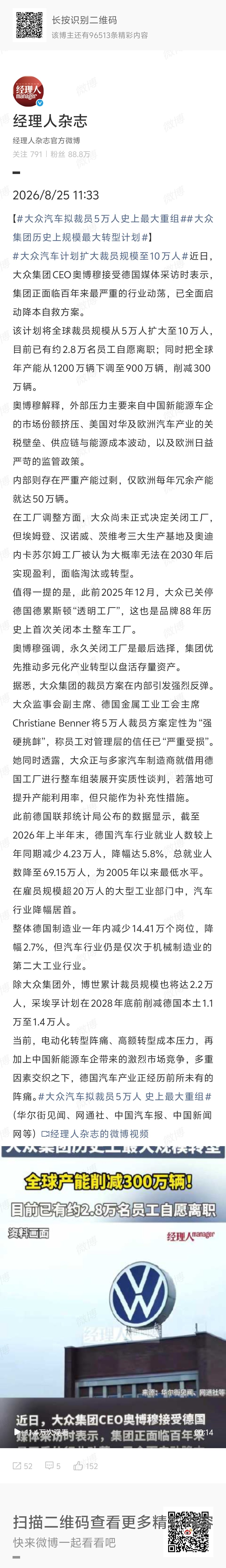 #大众汽车拟裁员5万人 史上最大重组#当人们开始用钱投票给比亚迪们时，合资车的好日子就到头了 ​