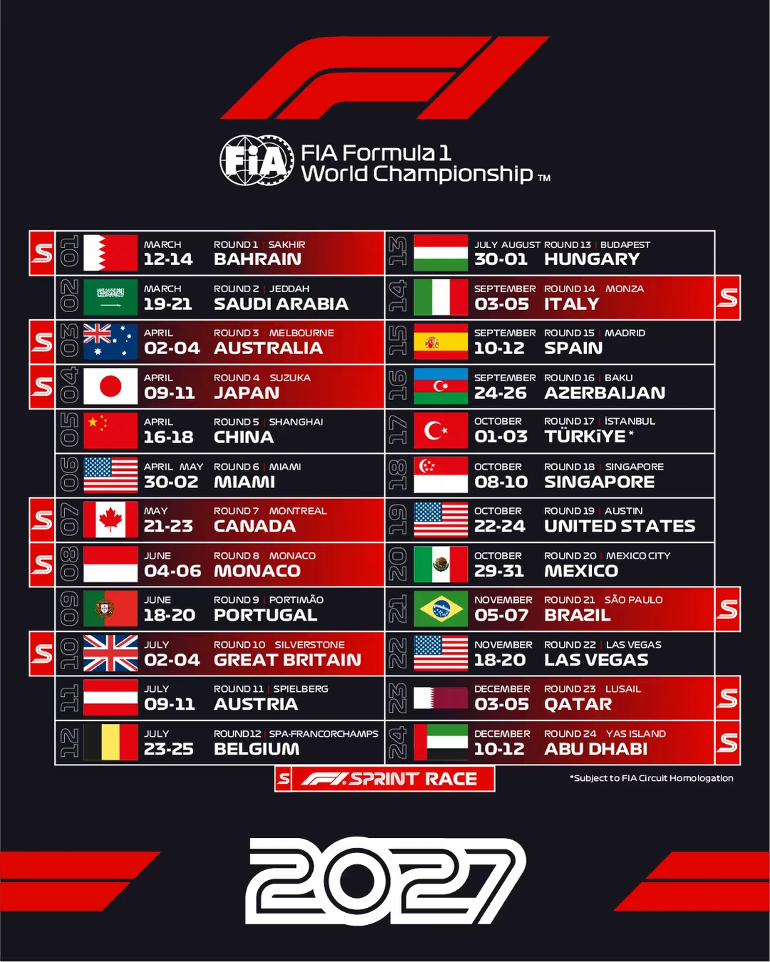 F1公布2027赛季赛历，中国站4月18日