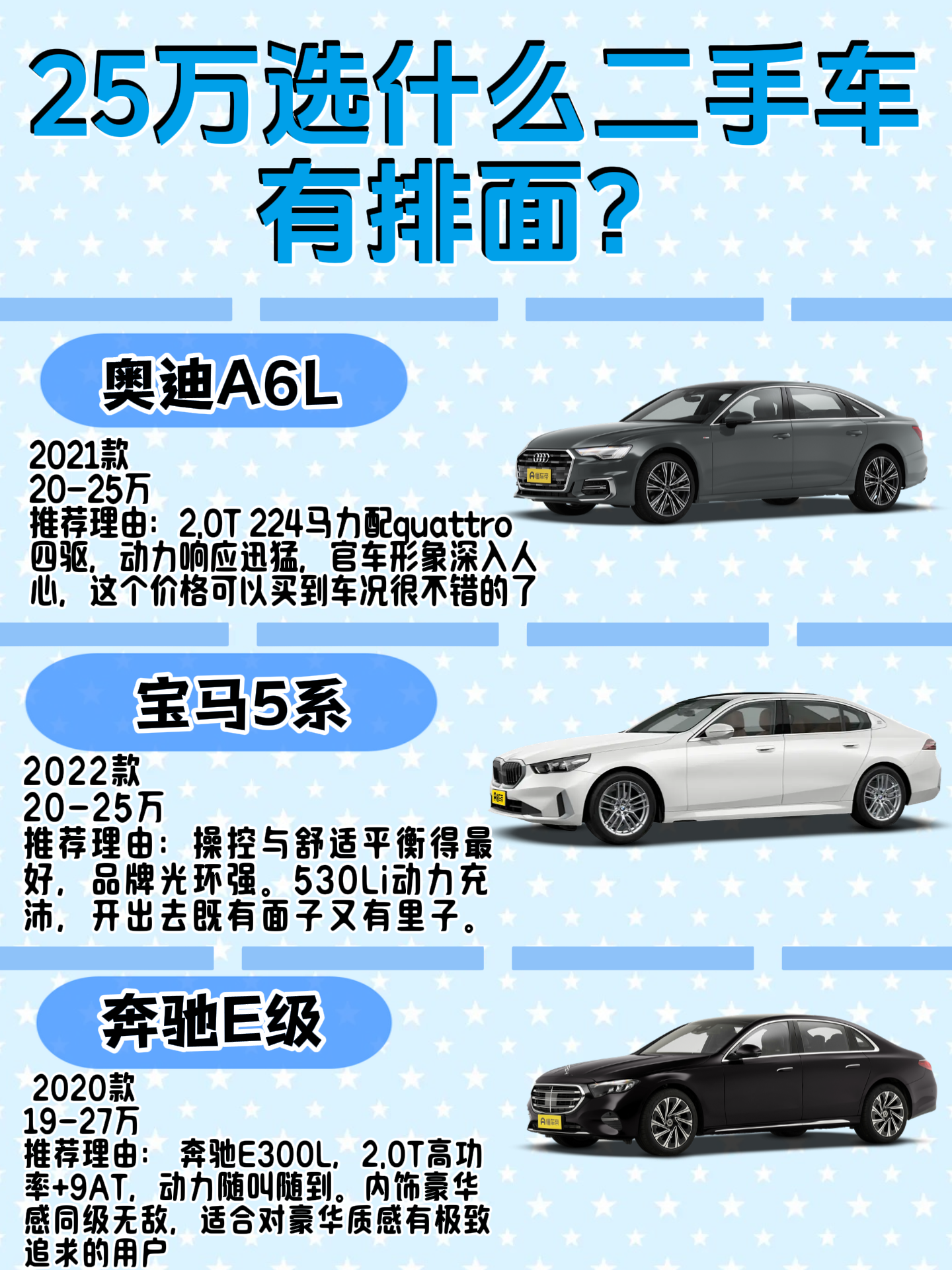 预算25万想买有排面的二手车？这几款开出去绝对面子拉满！
想买台二手车撑场面的话，我第一反应就是看看BBA的中大型轿车，其实能挑到不少车况很棒的车的。
我个人挺推荐奥迪A6L，自带大佬感有没有？这可是官车形象，而且2.0T高功率加上四驱，这价格完全能挑到一台车况很好的，性价比真挺高的。
如果自己开得