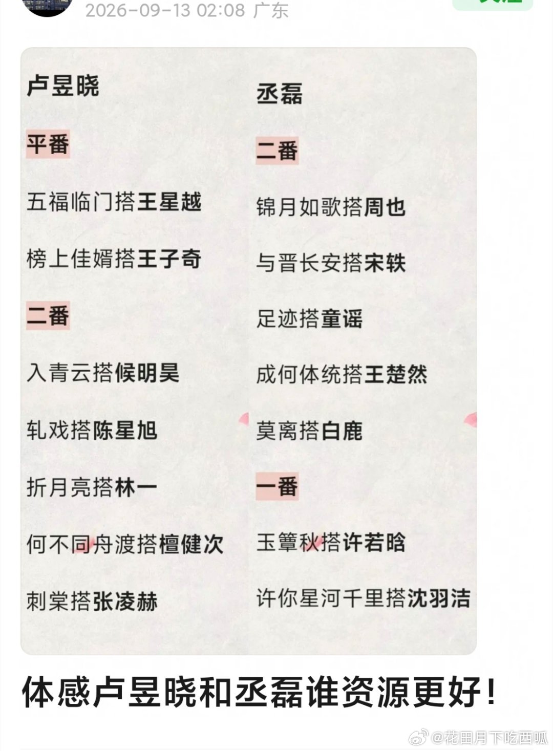 投：同样是《云之羽》副cp晋升成大IP男女主，丞磊、卢昱晓 谁的zy转化率比较好？ 
#丞磊和马来西亚公主合影##卢昱晓打视频哭了# ​