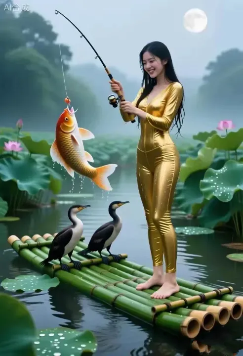 《开心钓鱼》     美女垂钓在湖亭 不急不躁等鱼临 不到一会鱼上钩 ...