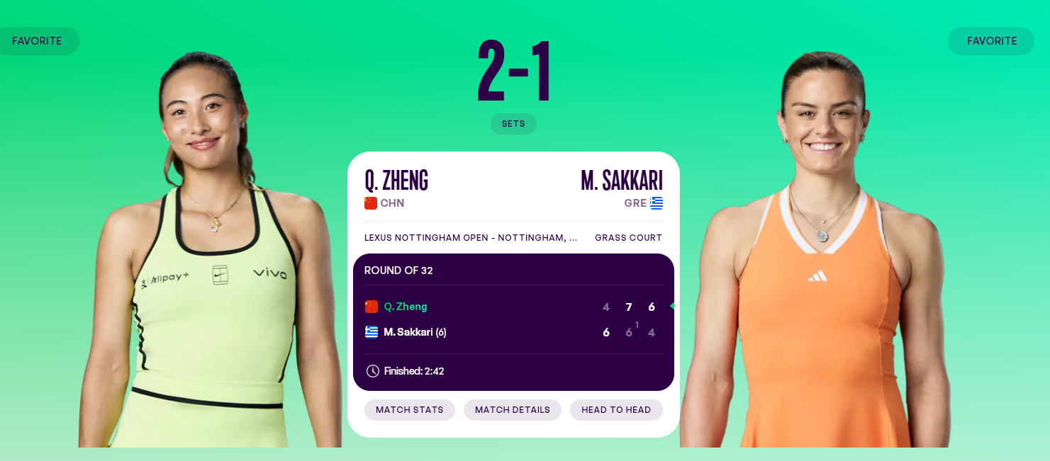 WTA250诺丁汉站首轮，郑钦文2-1逆转萨卡里，晋级第二轮，比分4-...