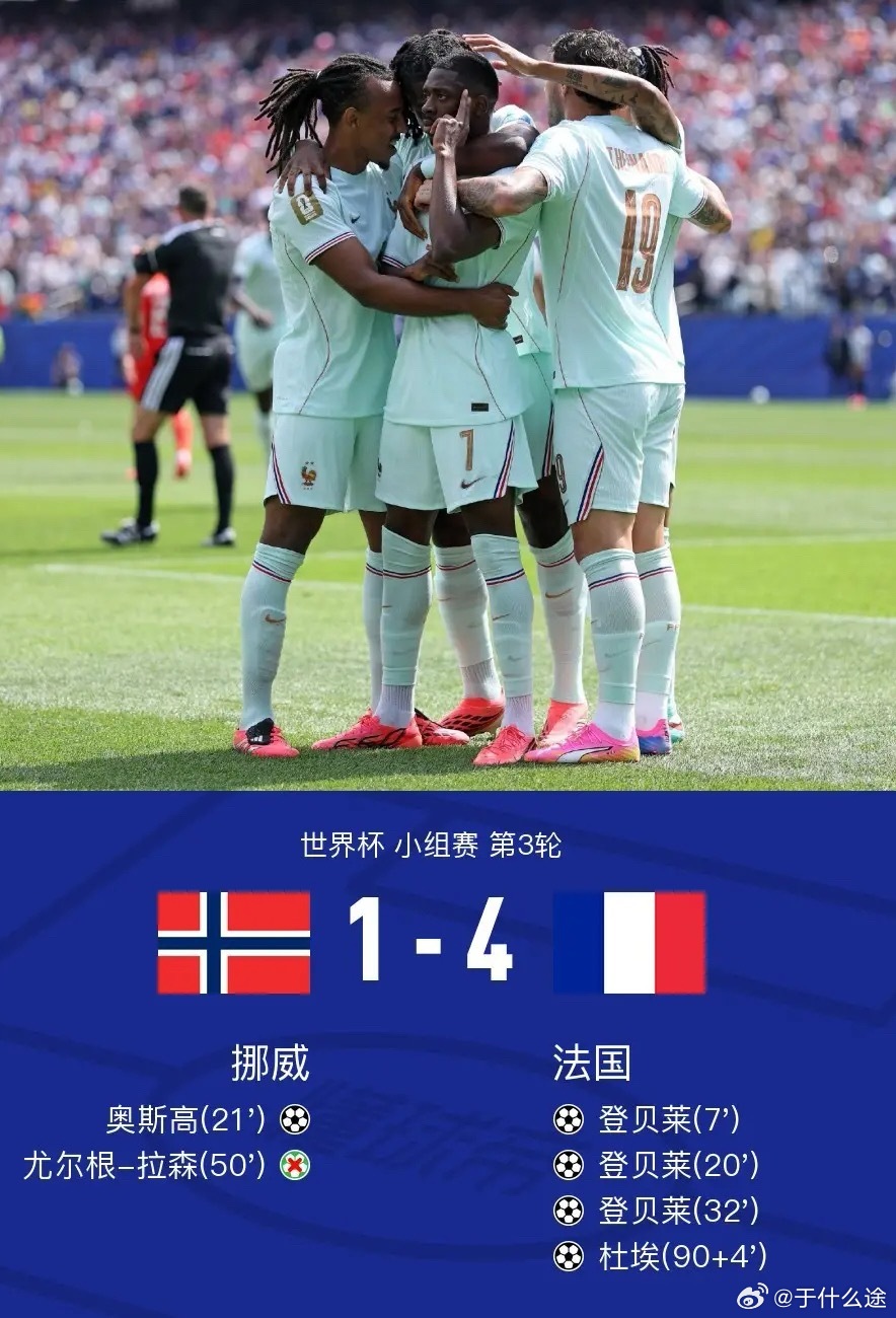 足球 北京时间6月27日世界杯 小组赛 第3轮，挪威对阵法国。上半场姆...